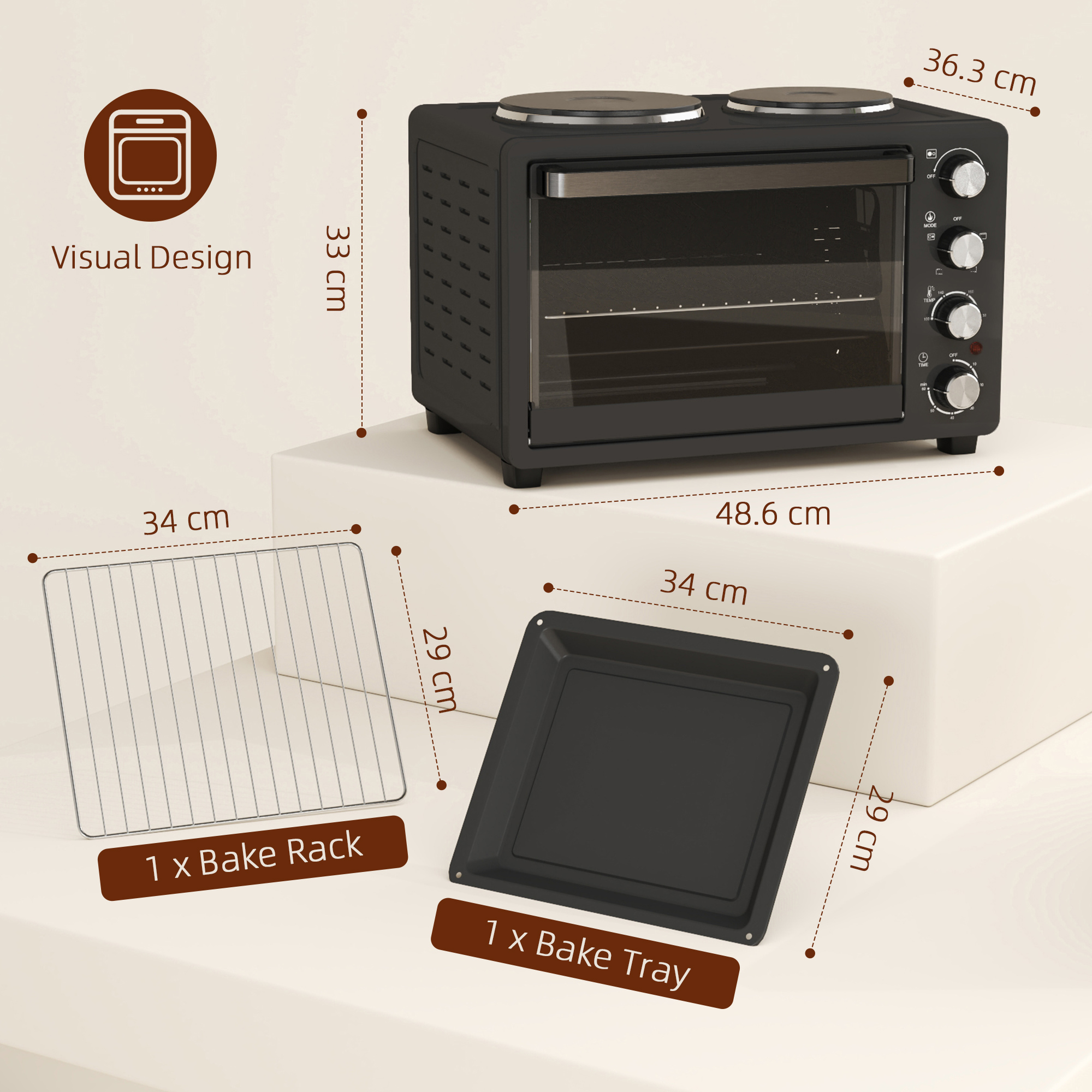HOMCOM 28L Mini Oven with 2 Hot Plates, Countertop Toaster Oven, Grill, Roast, Bake, Boil, with Timer, Adjustable Temperature, Electric Oven with Baking Tray, Grill Rack, Crumb Tray, 2600W, Black 3
