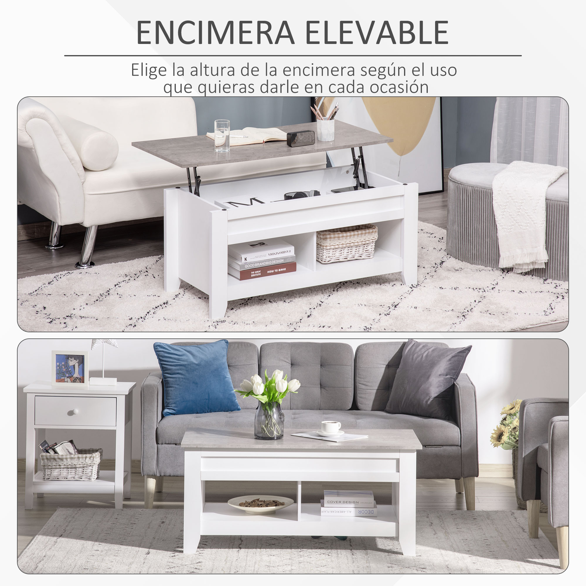 Mesa Centro Elevable Mesa De Café ADGO 90x51x43 Cm - Diseño Moderno Con Estantes De Almacenamiento Mesa Con Estantes Salón