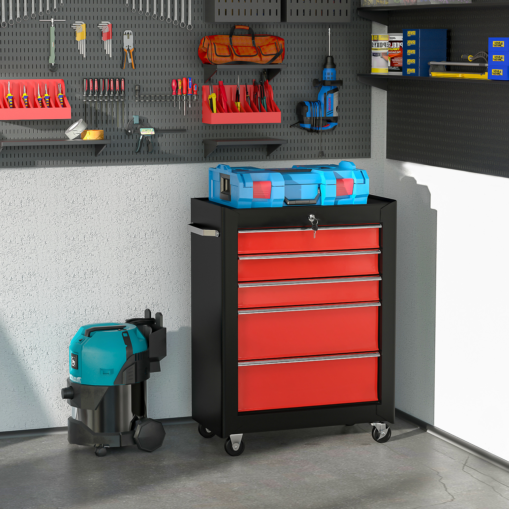 HOMCOM 5-Drawer Tool Chest, Lockable Steel Tool Storage Cabinet with Wheels and Handle Tool Box for Garage, Workshop, Red 2