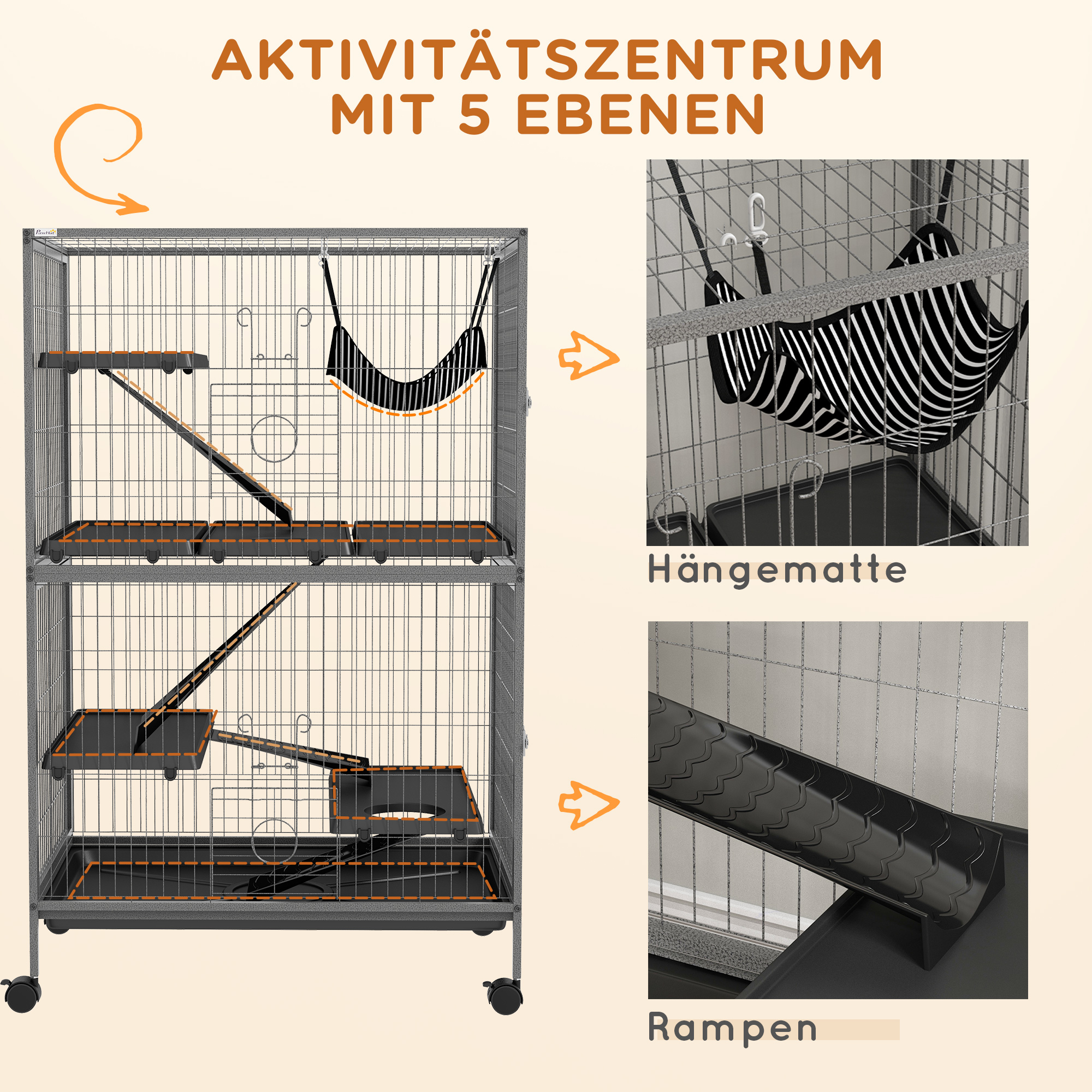 Väikeloomade puur võrkkiigega, näriliste puur ratastega, 4-korruseline puur, metall, plastik, 80 x 52 x 128 cm, hall