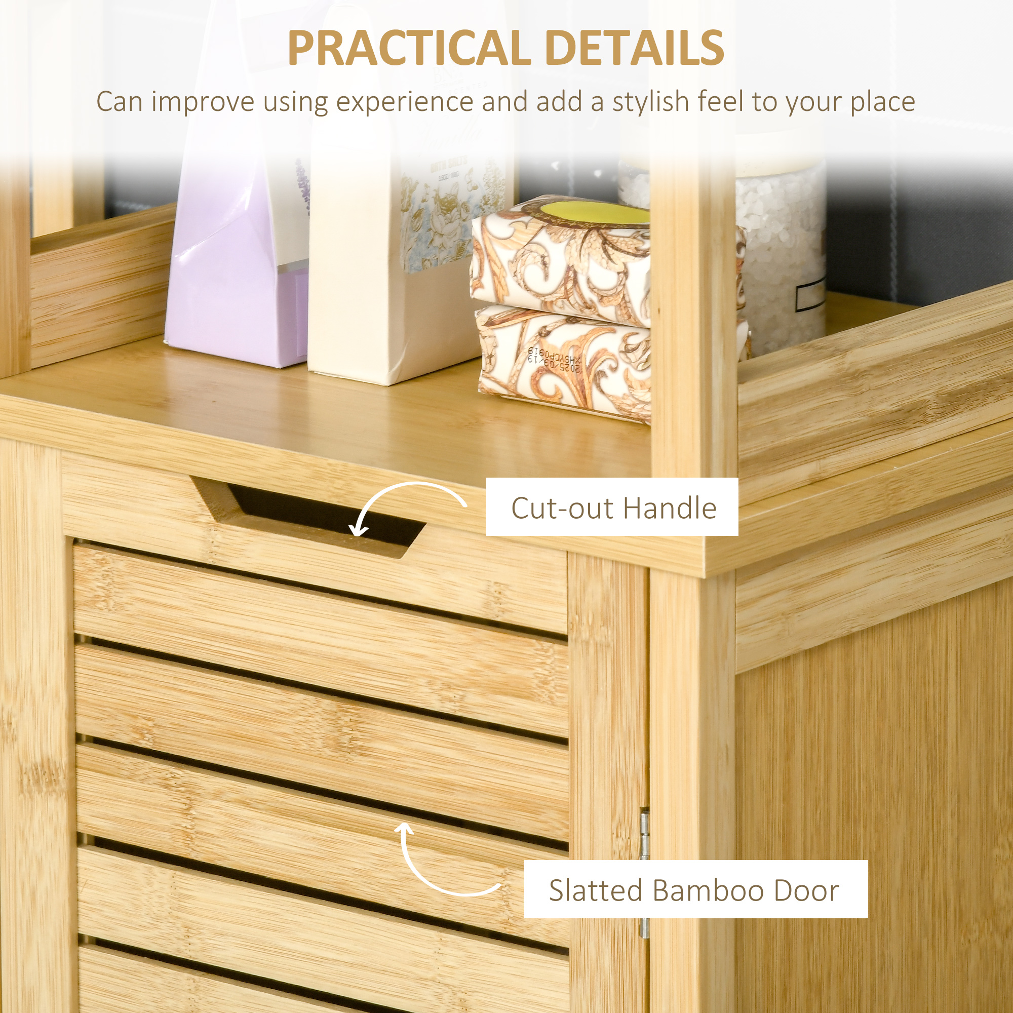 kleankin Tall Bathroom Cabinet, Slim Storage Cabinet, Tallboy Bamboo Storage Unit with 3-Tier Storage Shelves and Freestanding Organiser, Natural 7