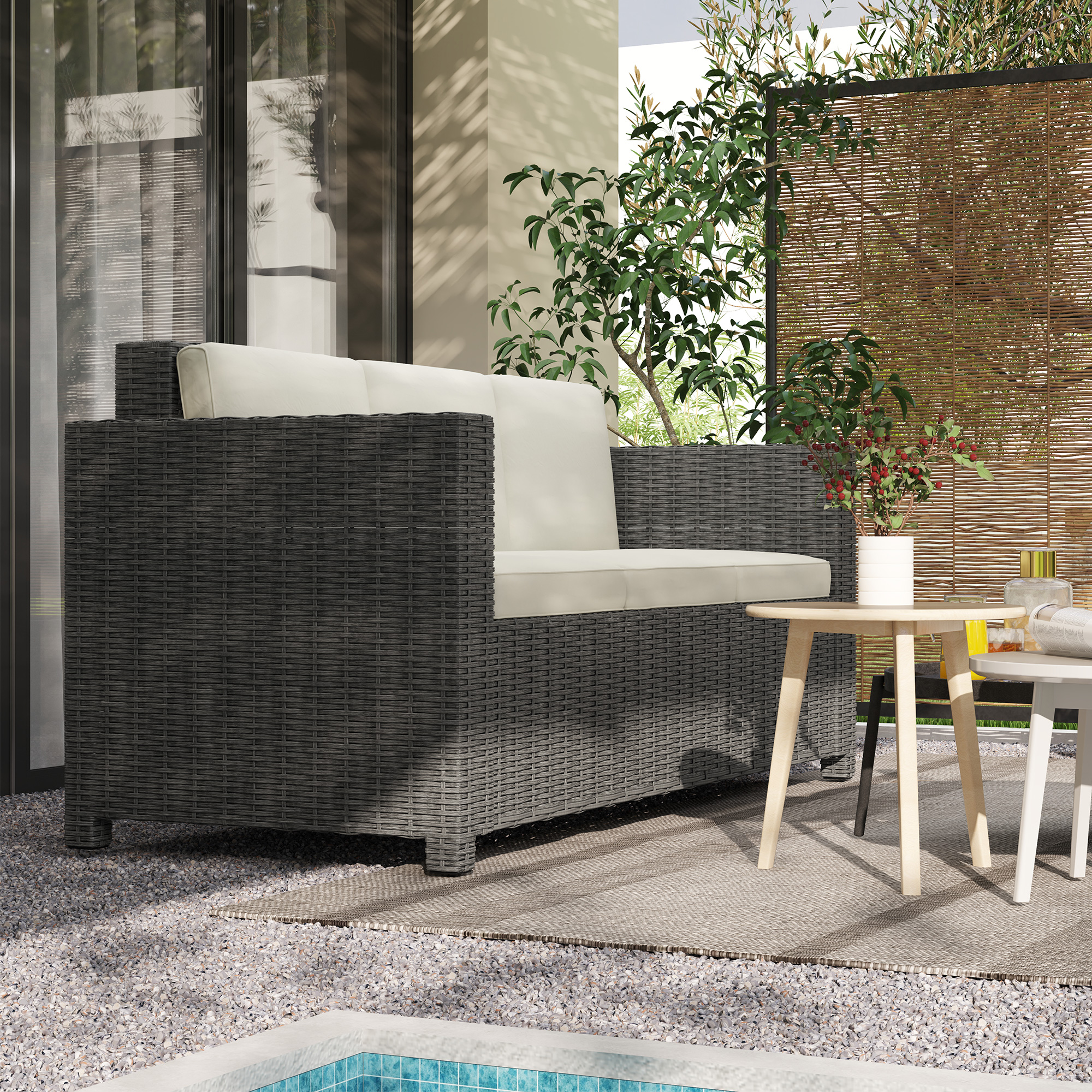 Outsunny 3 Seater Rattan Sofa All-Weather Wicker Weave Metal Frame Chair with Fire Resistant Cushio-Cream 2