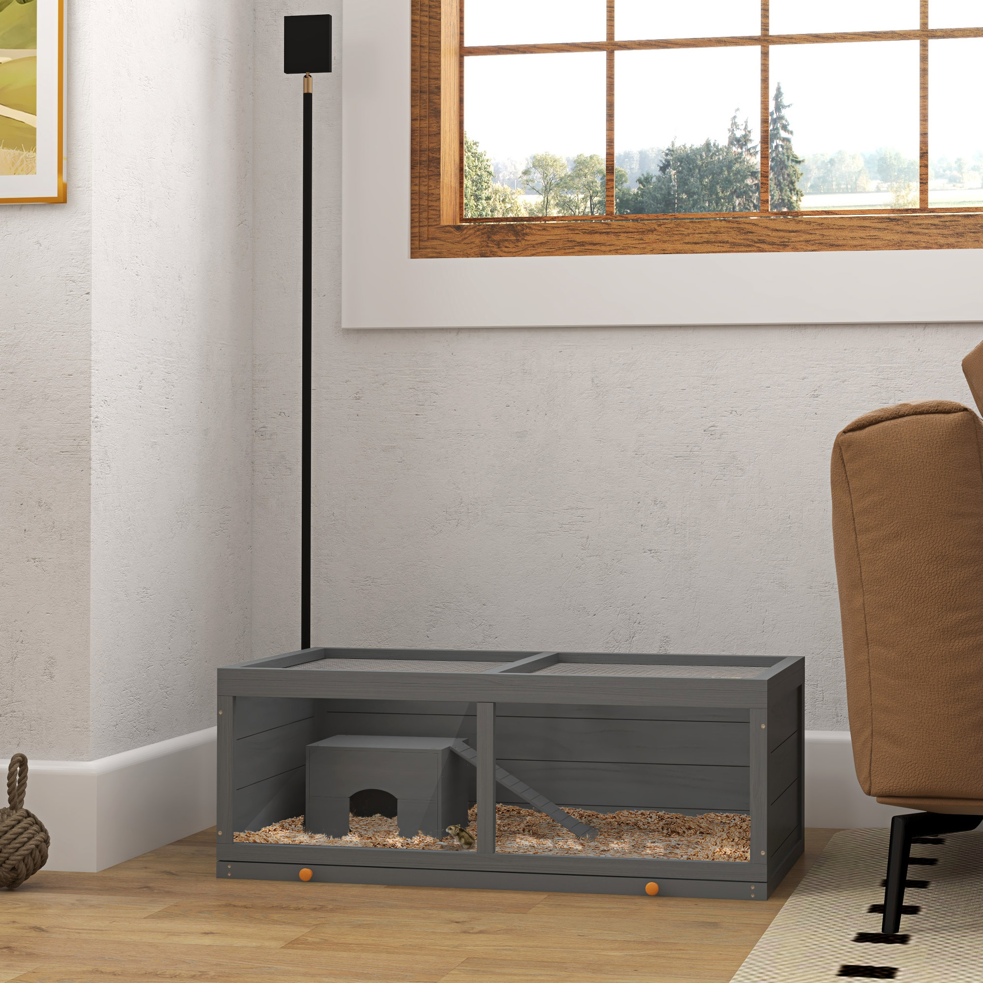 PawHut Indoor Rabbit Hutch, Guinea Pig Cage, with Slide-Out Tray, Large Fenced Area - Light Grey