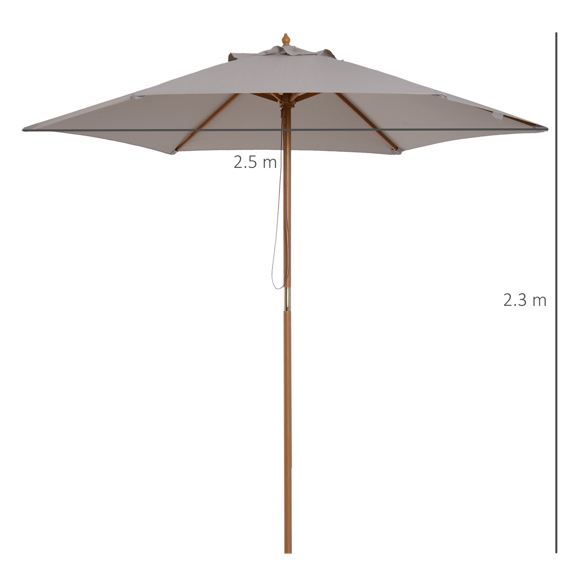 Outsunny 2.5m Wood Garden Parasol Sun Shade Patio Outdoor Wooden Umbrella Canopy, Table Market Umbrella with Vent, 38mm Pole, Rope Pulley Mechanism, Grey 3