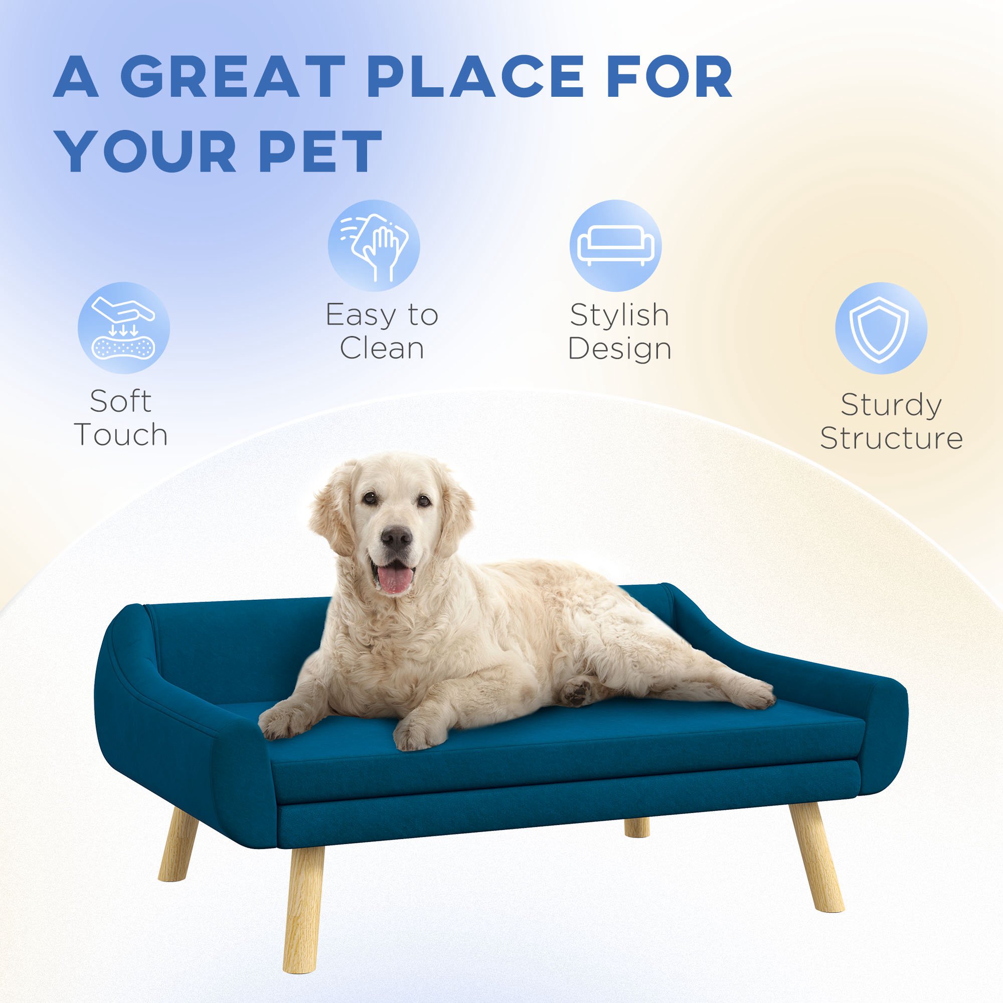 PawHut Dog Couch with Soft Cushion, Pet Sofa Bed with Wooden Frame, Removable Cover, for Medium and Large Dogs, Blue 5