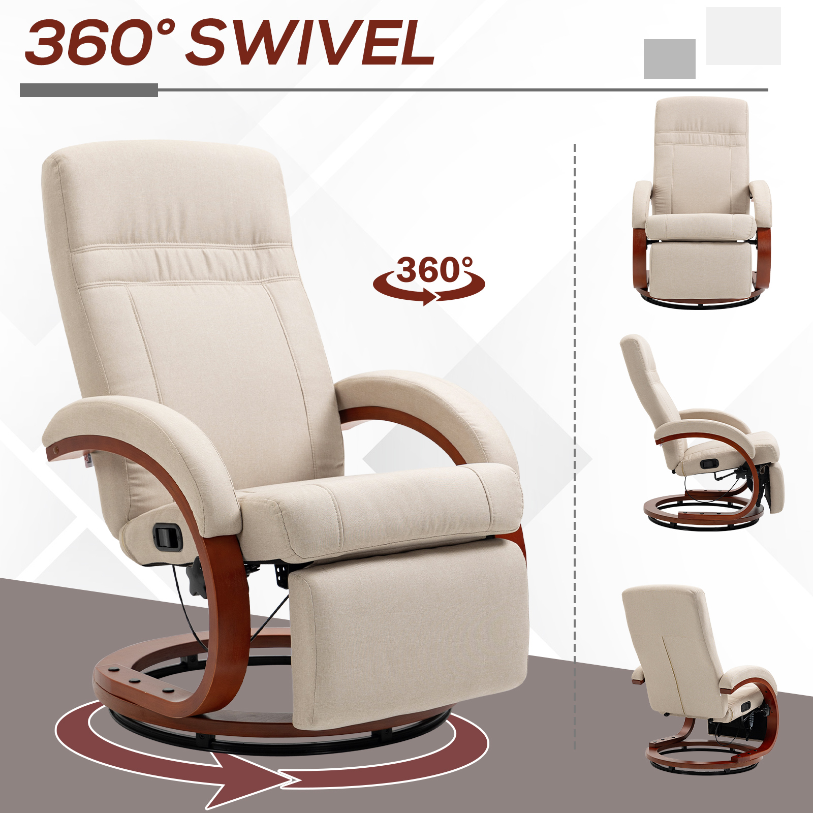 HOMCOM 135° Manual Reclining Swivel Chair, with Footrest Beige 6
