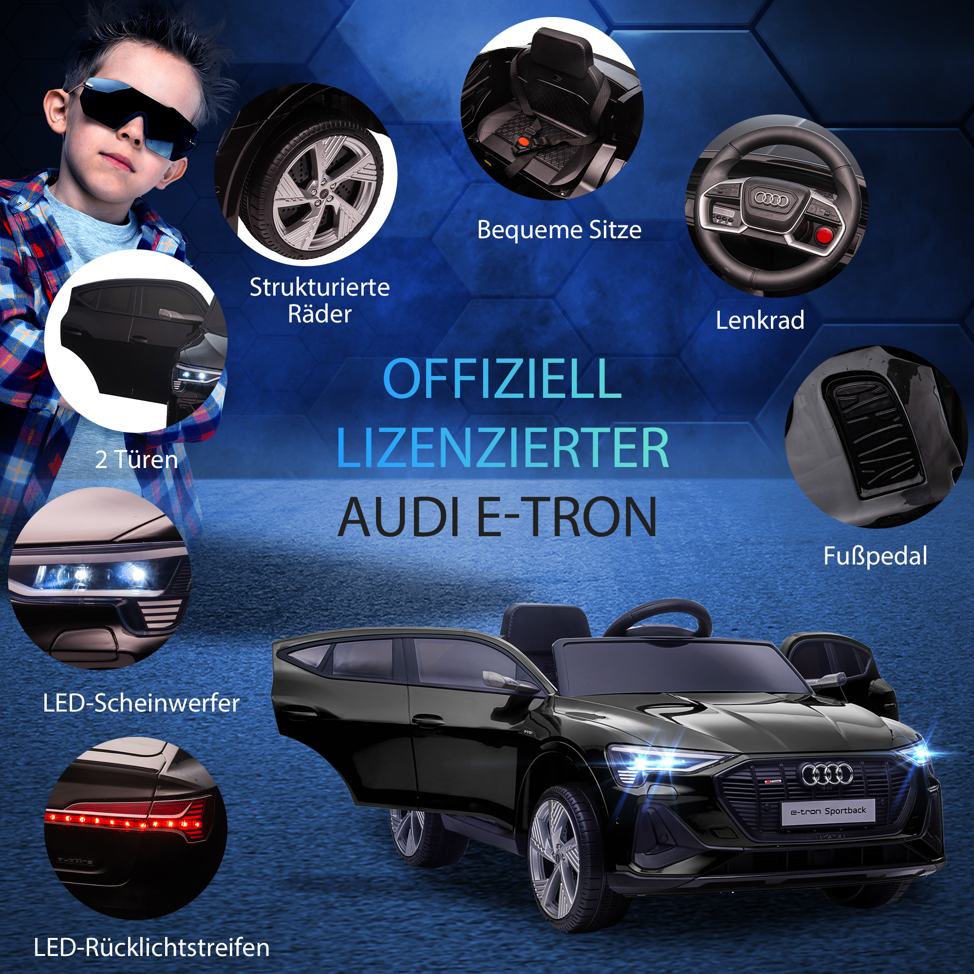Elektriline lasteauto 12V elektrisõiduk Audi E-tron elektriauto puldiga, turvavöö, muusikaga (MP3/USB/TF), lastesõiduk lastele vanuses 3-5 aastat, 3-5 km/h, must