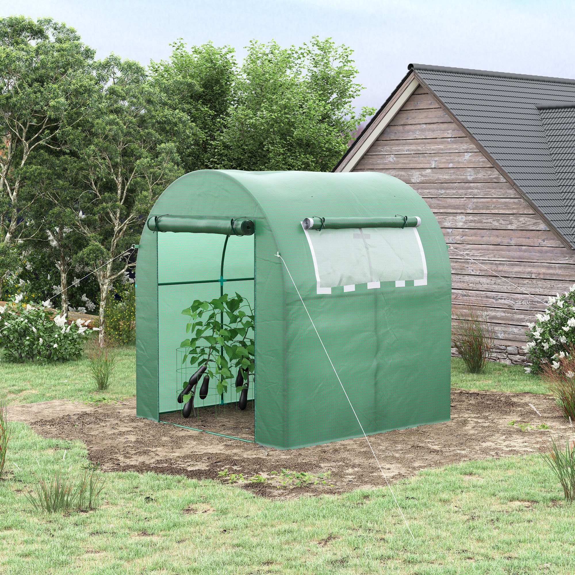Outsunny Walk in Polytunnel Greenhouse, Green House for Garden with Roll-up Window and Door, 1.8 x 1.8 x 2 m, Green 2