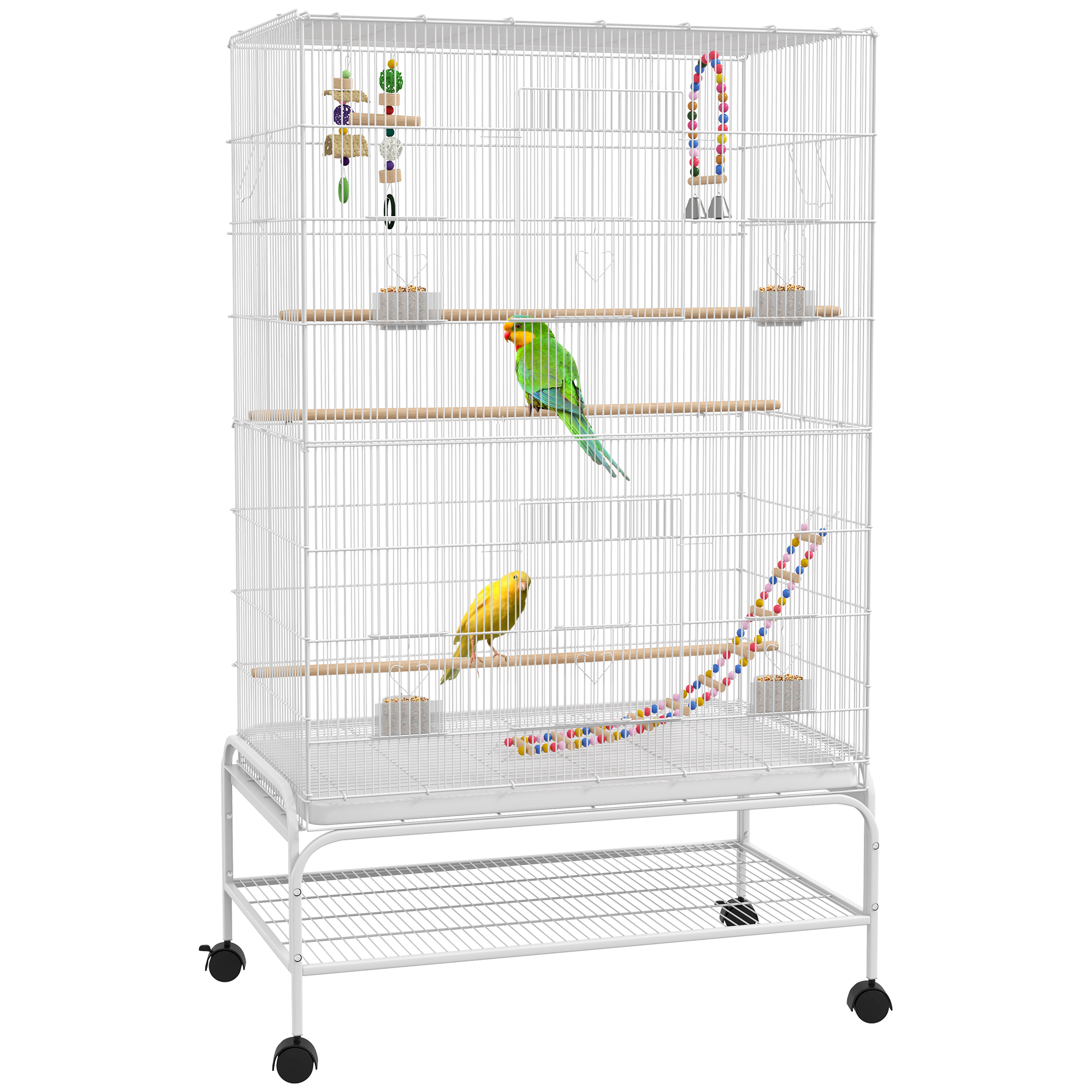 PawHut Large Bird Cage Budgie Cage with Stand, Toys, Wheels, Accessories, Storage Shelf for Canaries, Finches, Lovebirds, Parakeets - Black, 79 x 49 x 133 cm