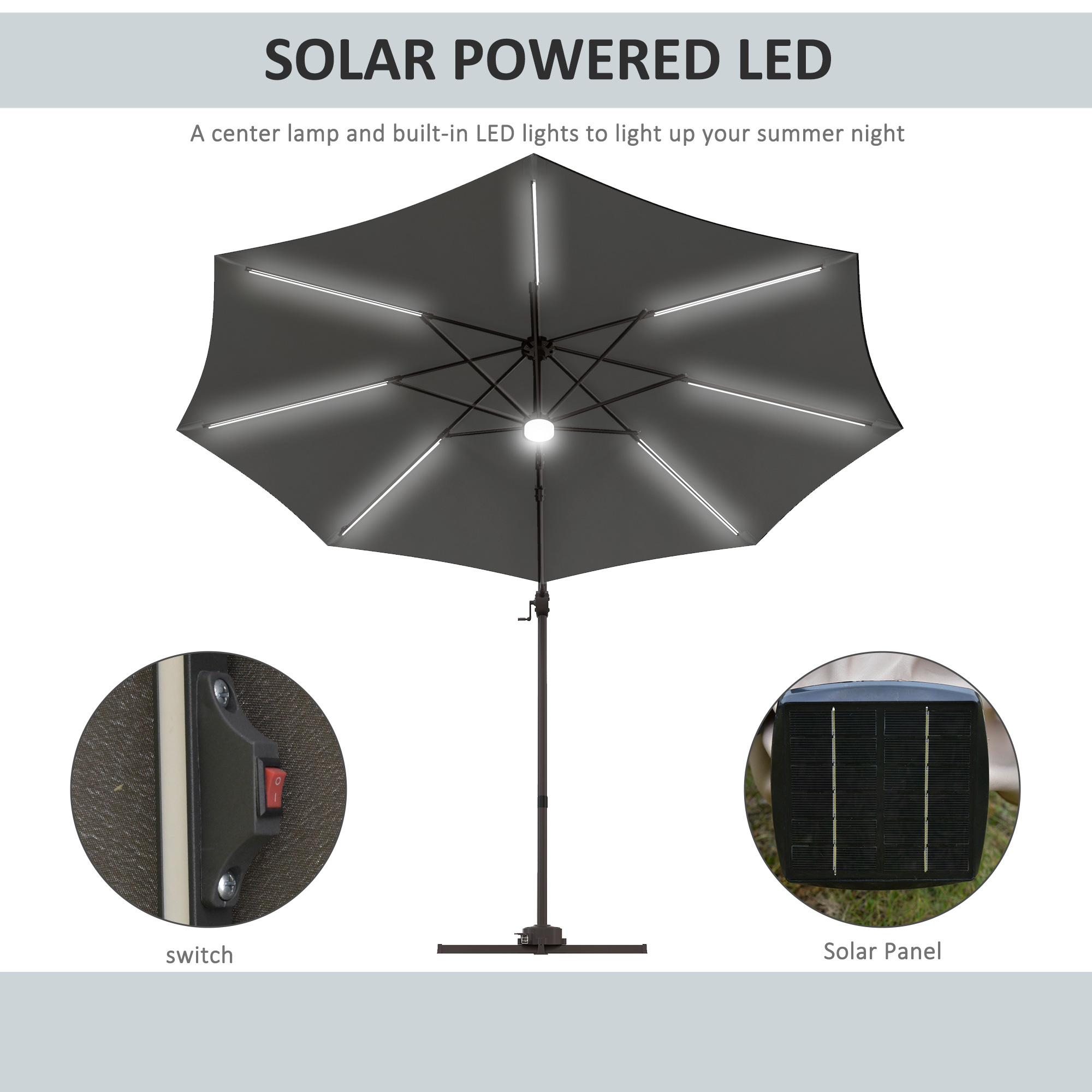 Outsunny Cantilever Parasol, with LED Lights and Cross Base Dark Grey 4
