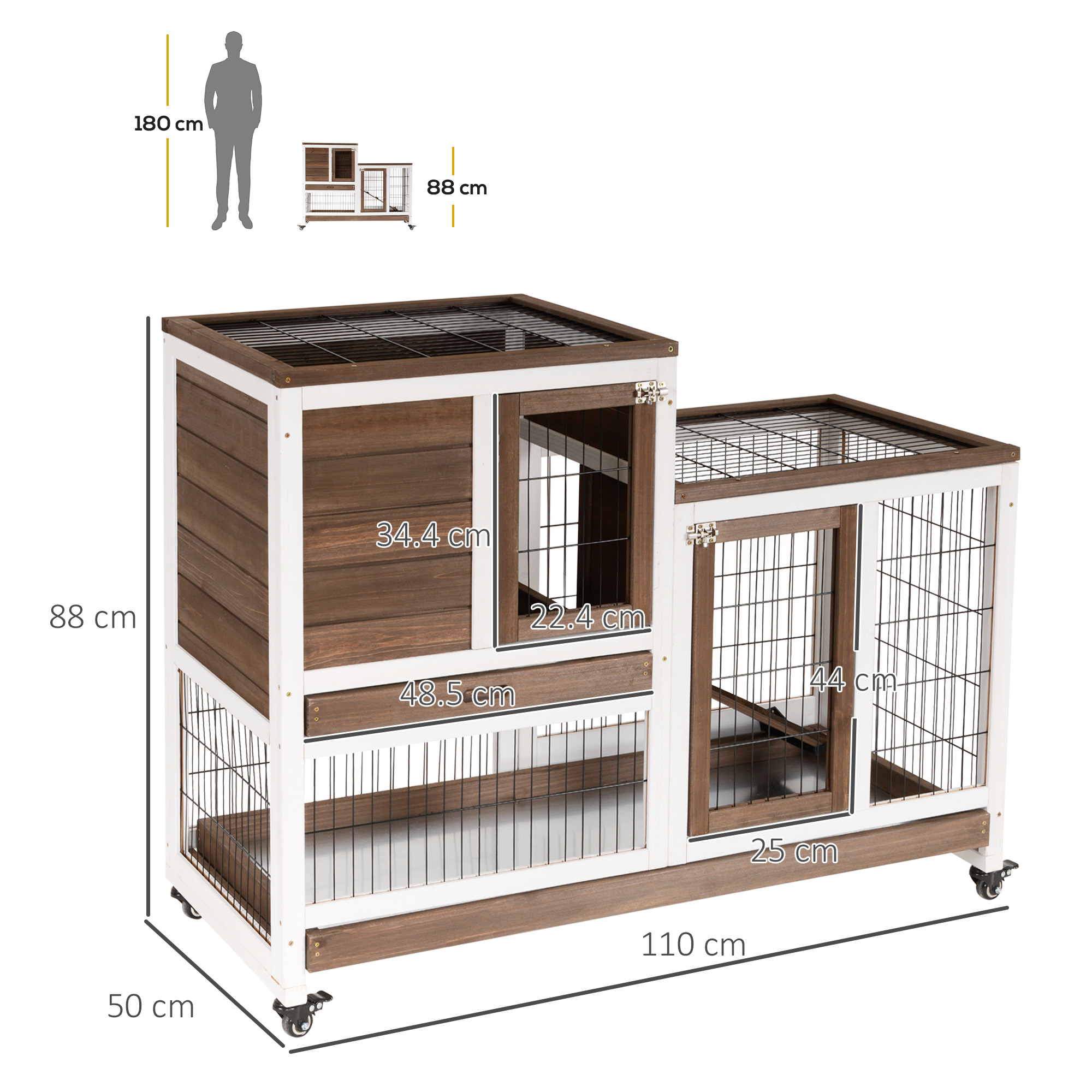 PawHut Two-Tier Rabbit Hutch Pet Cage, with Wheels Brown 3