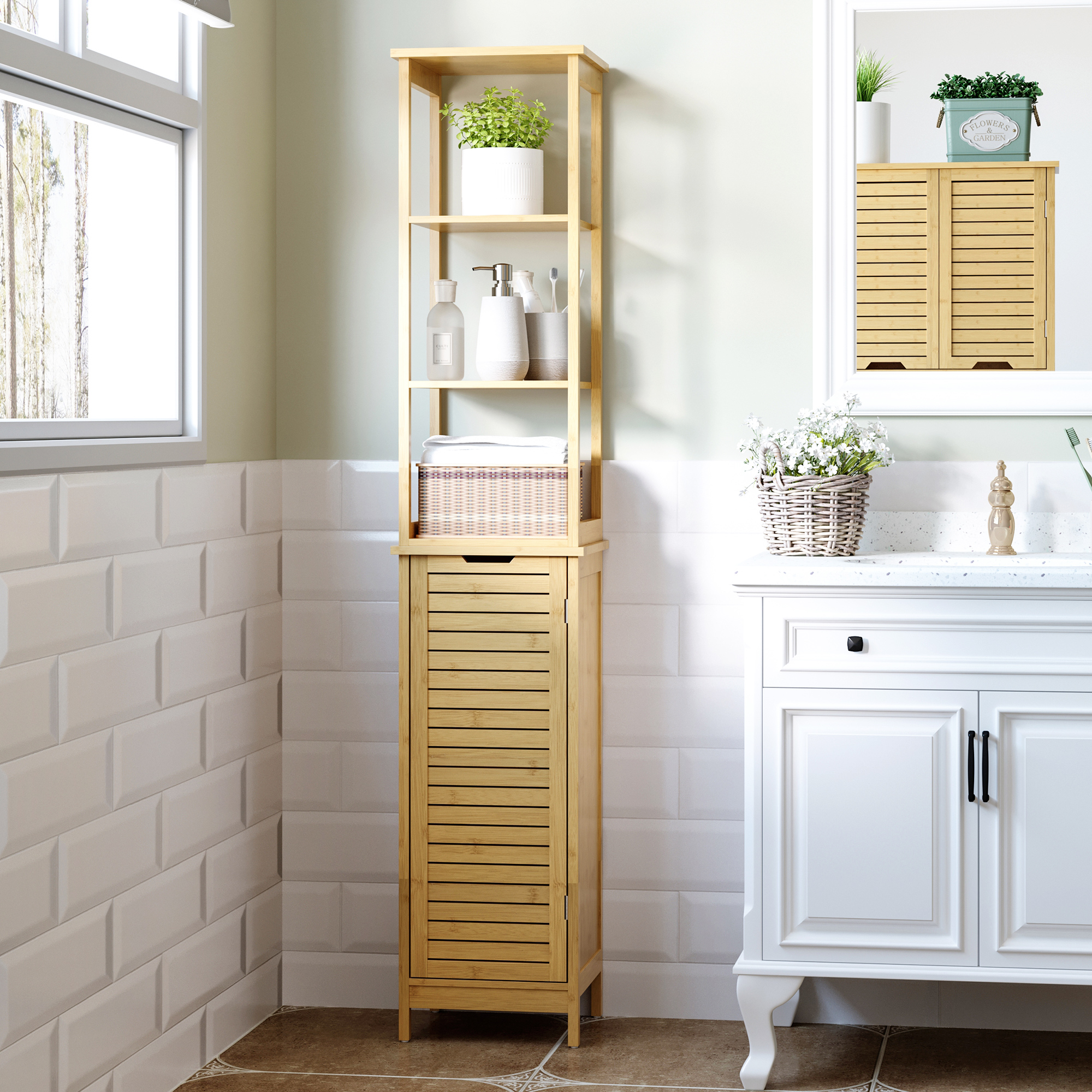 kleankin Tall Bathroom Cabinet, Slim Storage Cabinet, Tallboy Bamboo Storage Unit with 3-Tier Storage Shelves and Freestanding Organiser, Natural 2
