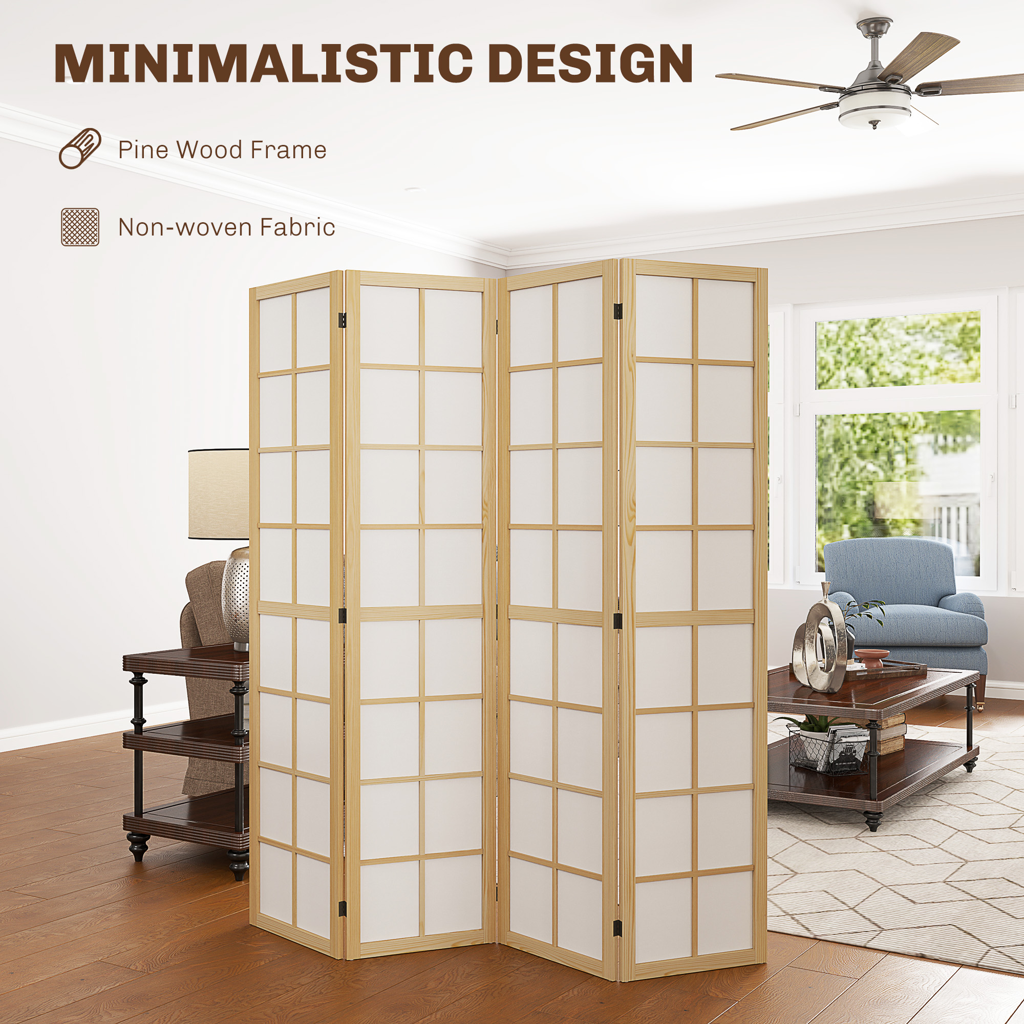 HOMCOM 4 Panel Folding Room Divider, Freestanding Room Separator, Indoor Privacy Screen for Living Room, Bedroom, 160 x 170cm 4