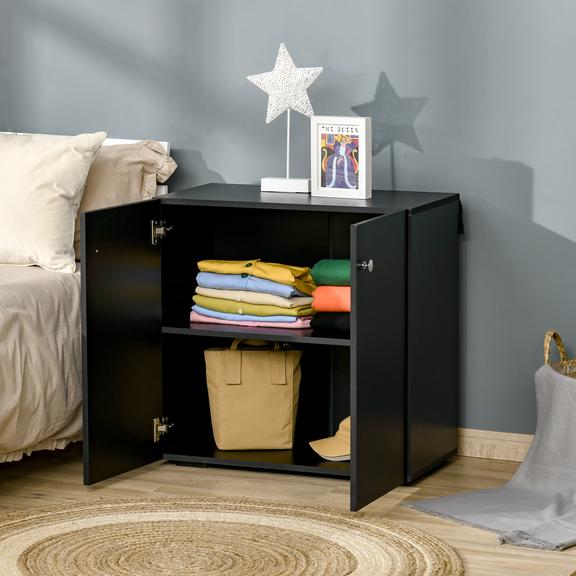 HOMCOM Storage Cabinet w/ Two Shelves Wooden Sideboard Freestanding Kitchen Cupboard Bookcase Black 7