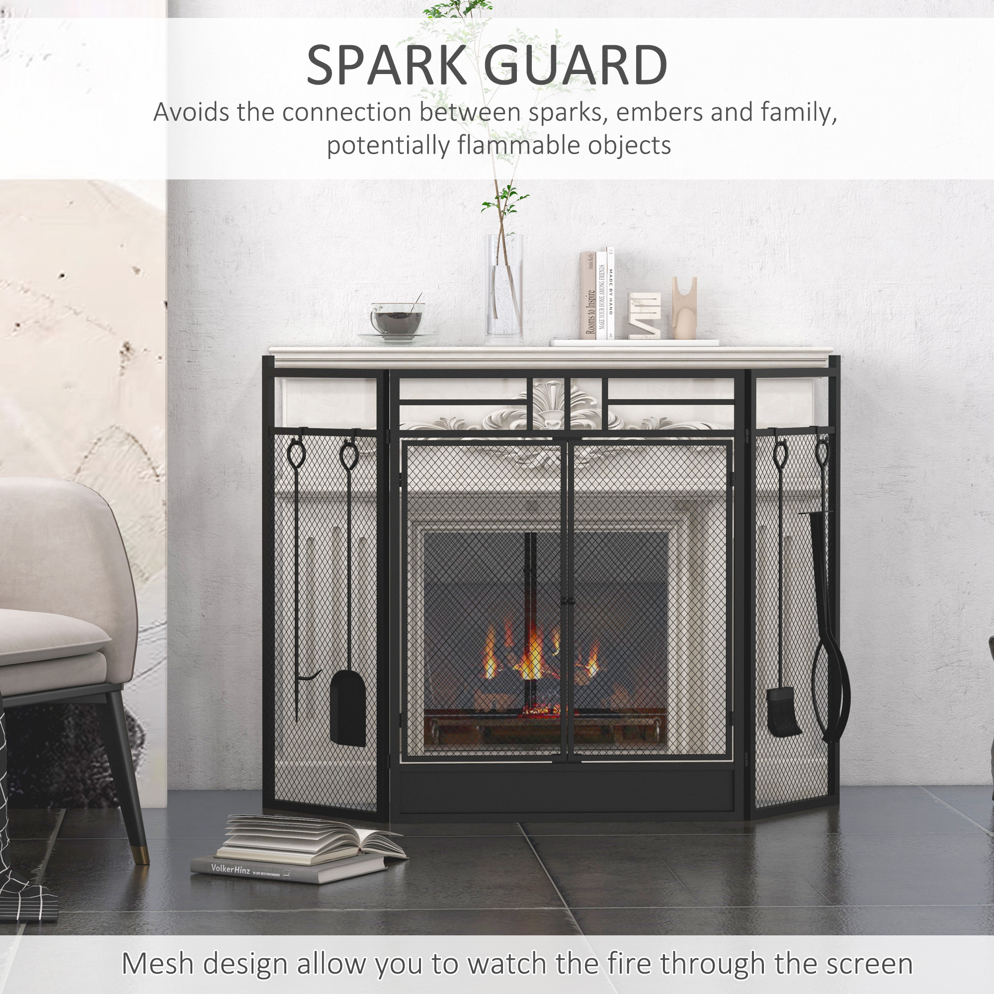 HOMCOM 3 Panel Folding Fire Guard, Steel Fireplace Screen with Double ...