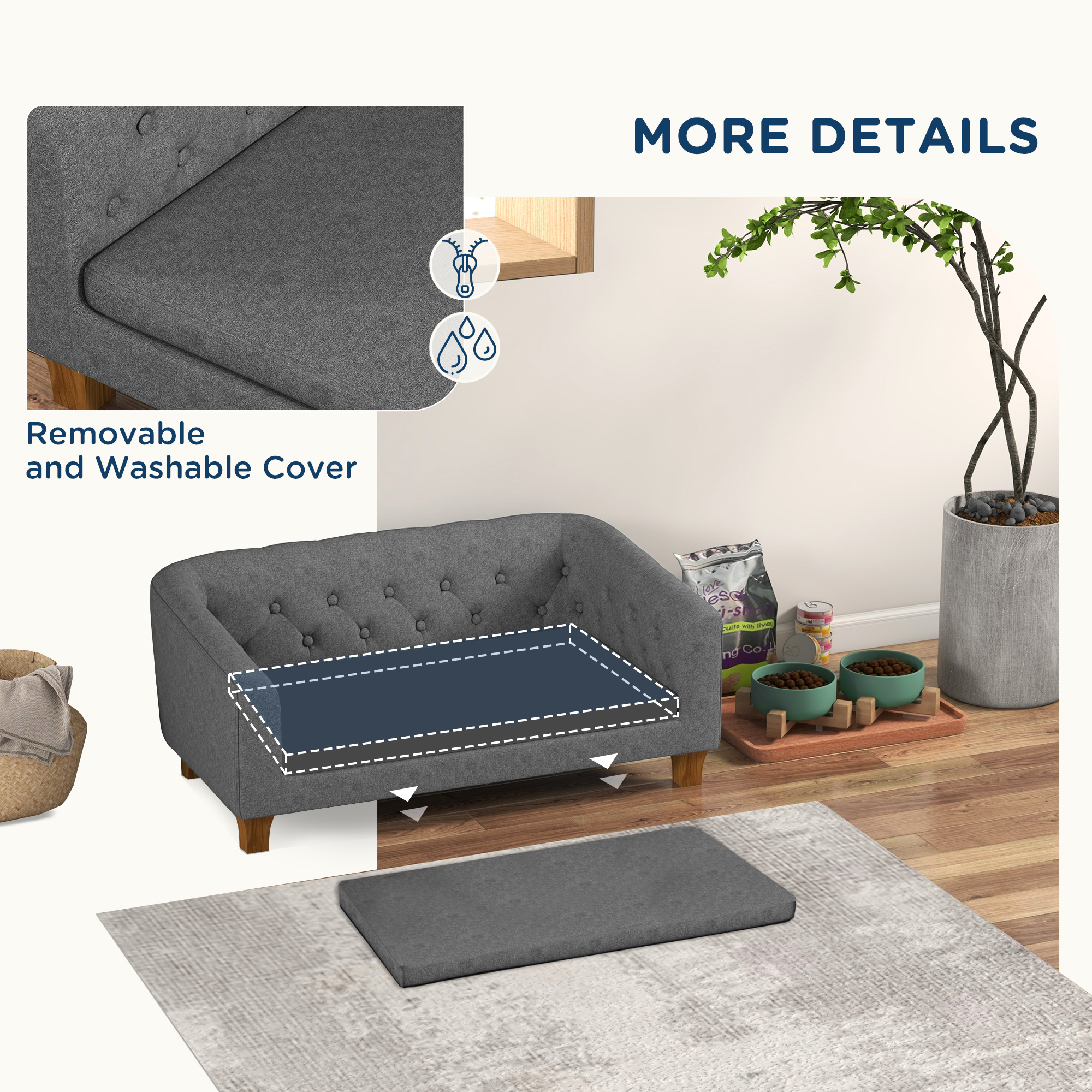PawHut Dog Sofa Bed w/ Soft Cushion for Medium Dogs Grey 7