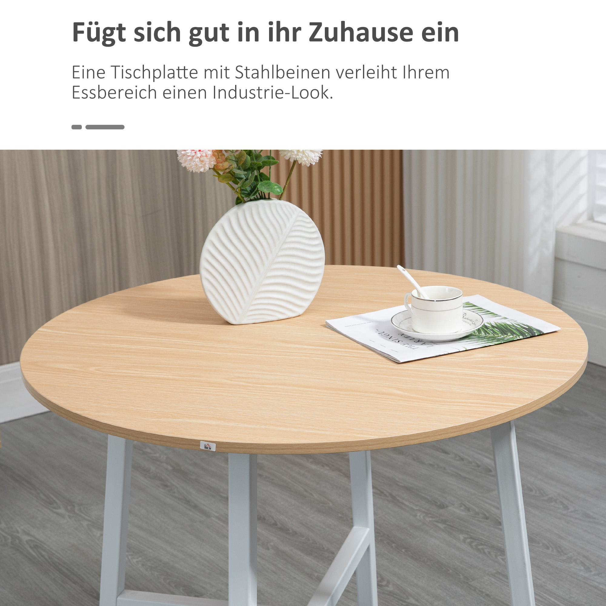 Söögilaud, industriaalne stiil, ümar disain, stabiilne kuni 60 kg, Ø80 x 76K cm, naturaalne puit/valge