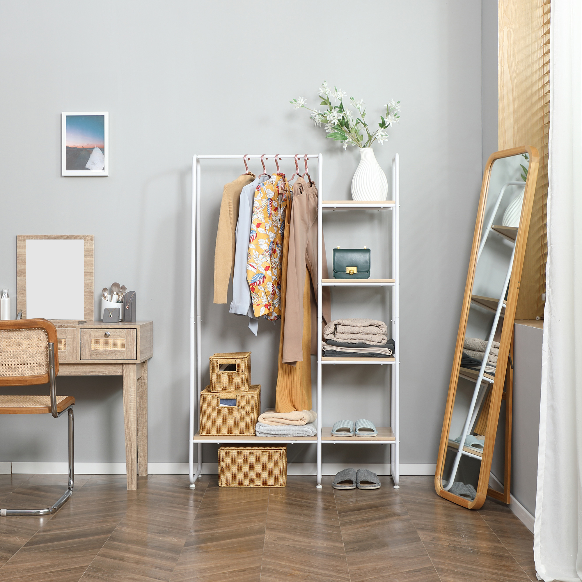 Portant à Vêtements Style Industriel HOMCOM - 1 Tringle + 4 étagères - 101x39x160 Cm - Acier Et Bois - Charge 10 Kg