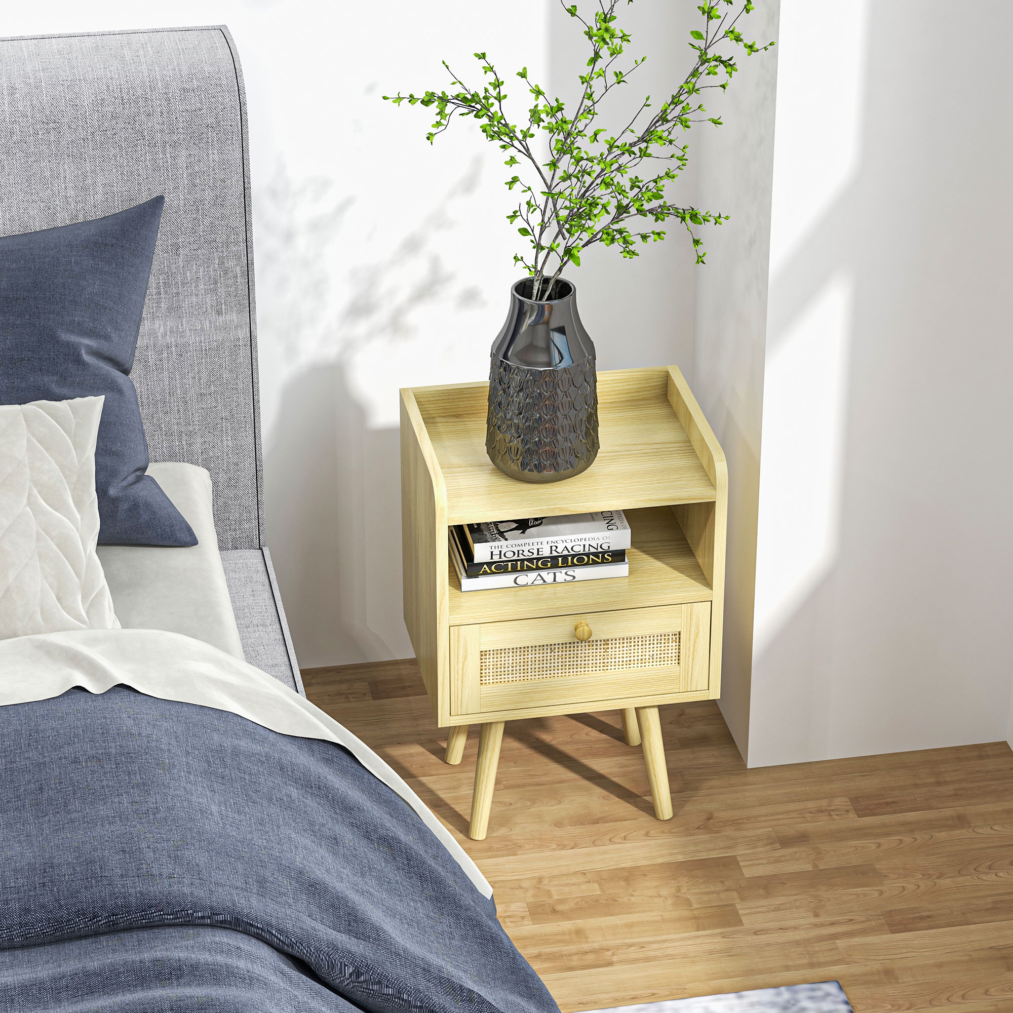 HOMCOM Set of Two Rattan Weave Bedside Tables Wood Effect 8