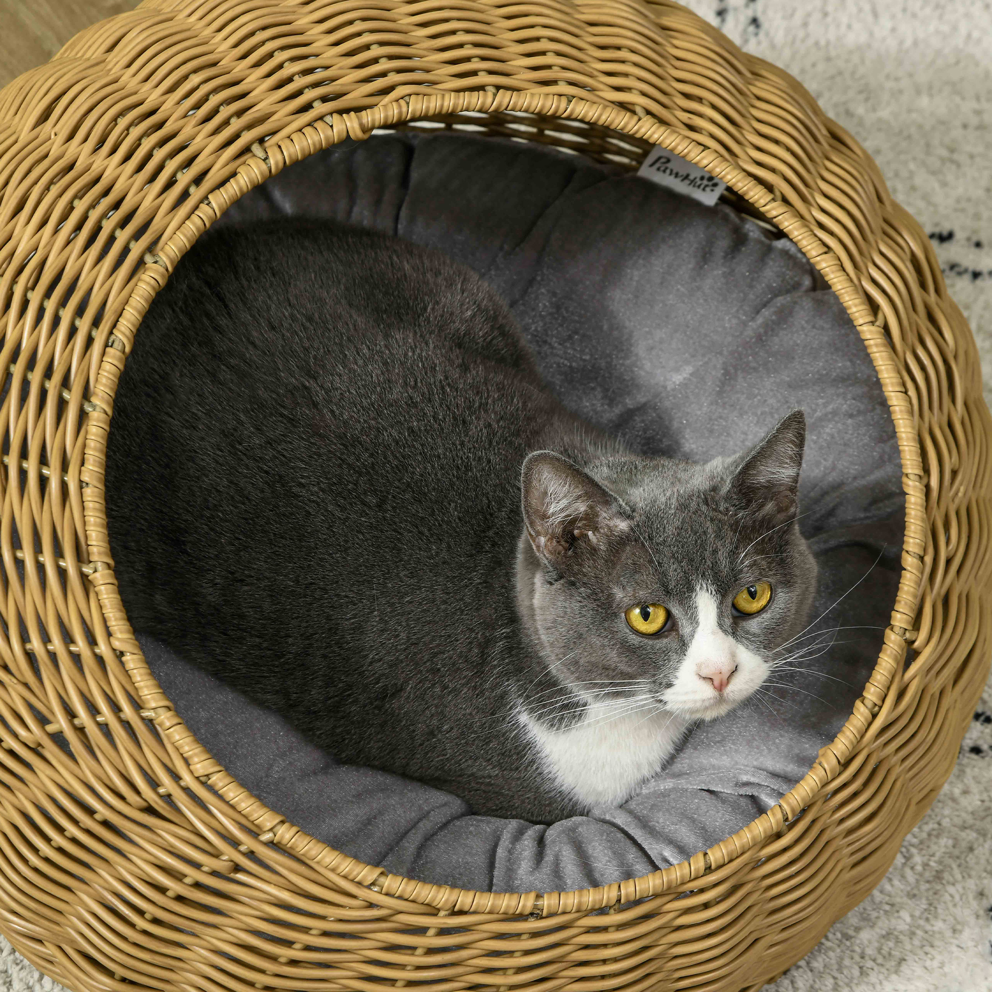 PawHut Wicker Cat House with Washable Cushion for Indoor Cats, Light Brown 7