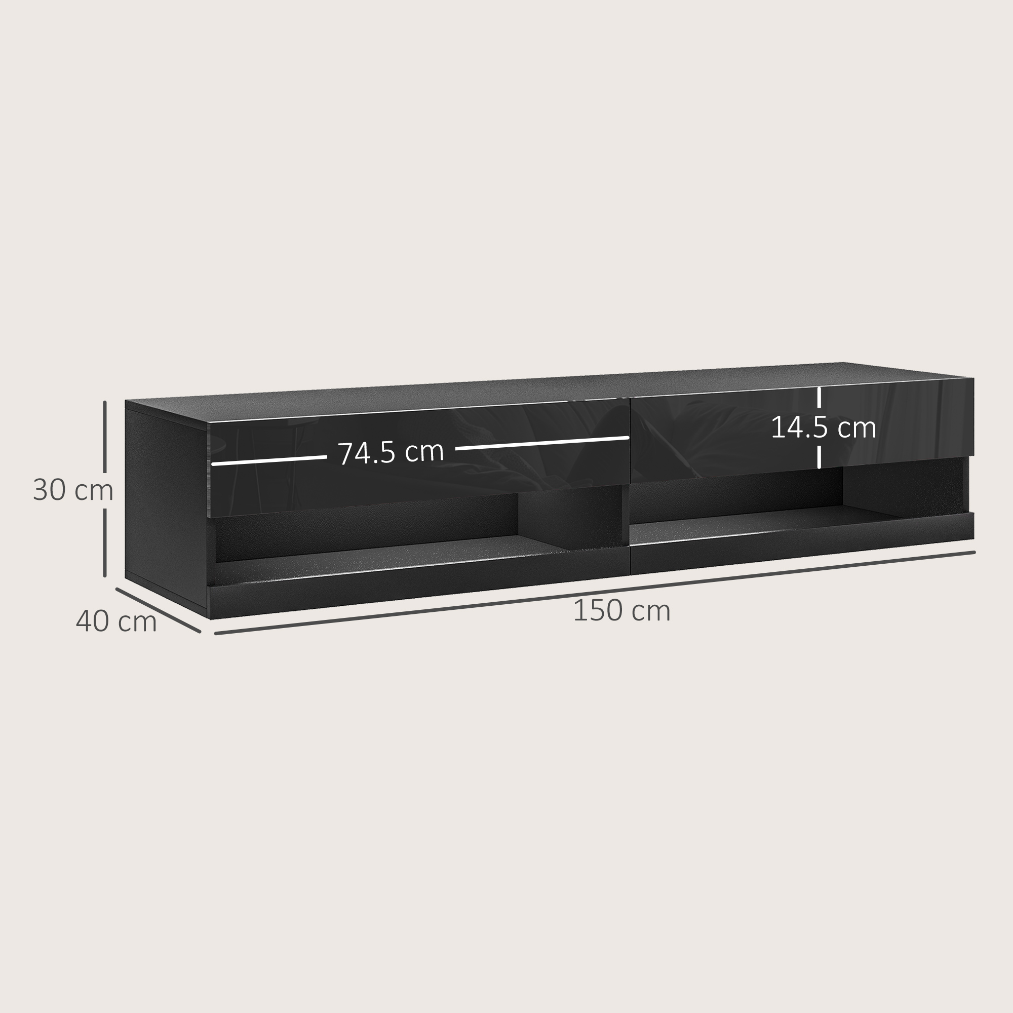 HOMCOM Floating TV Unit, Wall Mounted TV Cabinet for TVs up to 65", High Gloss Media Wall Unit with LED Lights, Storage Shelves for Living Entertainment Room, Black 3