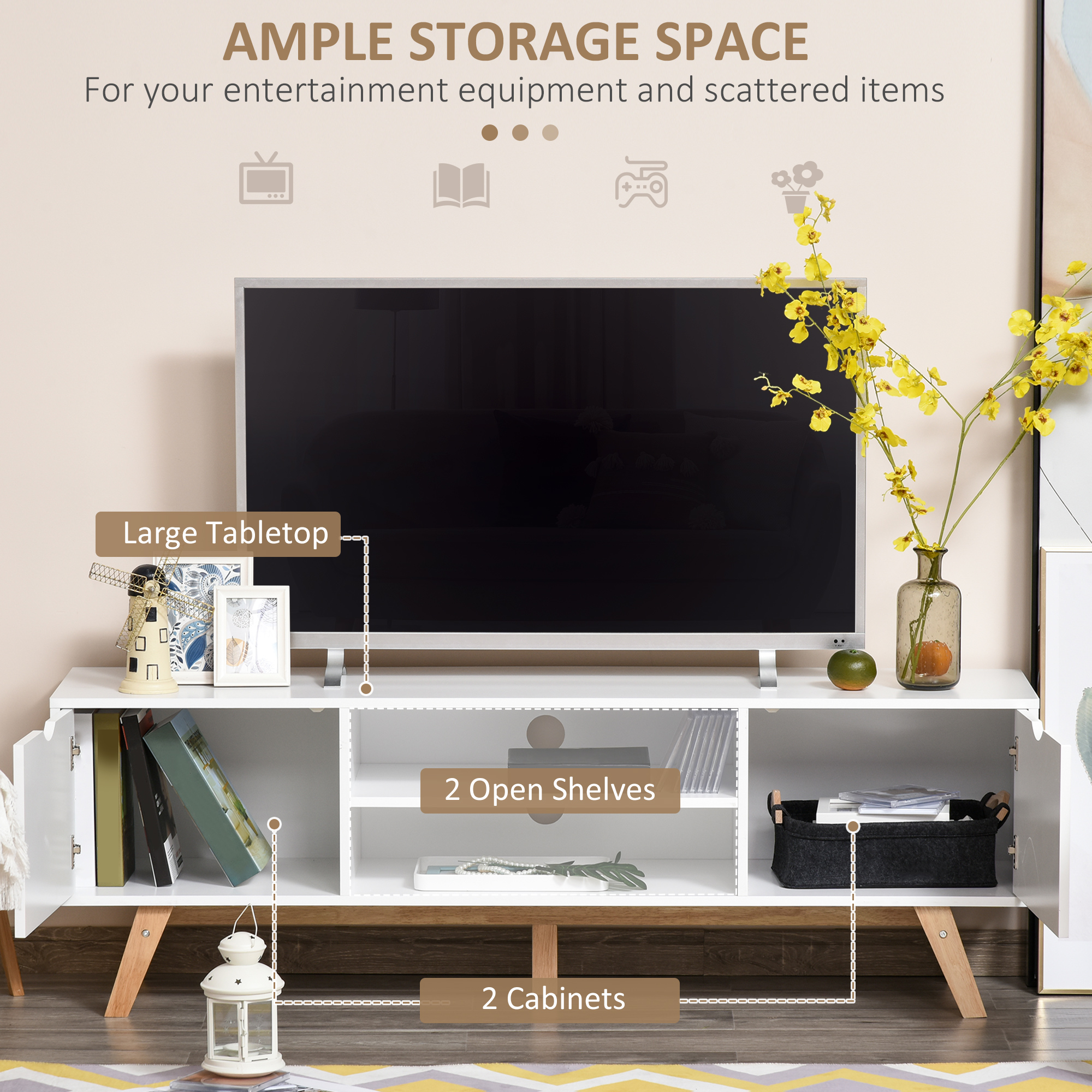 HOMCOM TV Stand Cabinet for TVs up to 65", Media Unit w/Wood Legs Storage Shelves Entertainment Center Modern Living Room Home Furniture White 5