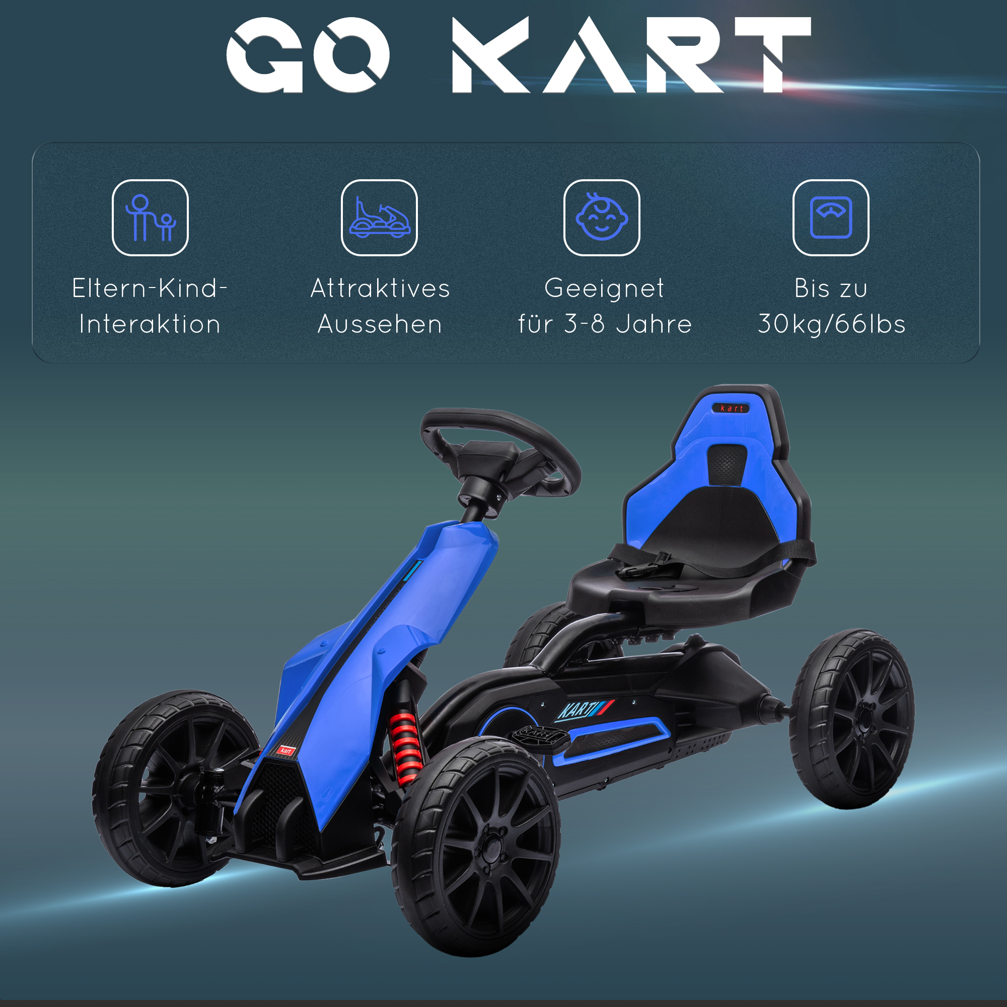Pedaalidega go-kart, millel on tagurpidi- ja edasikäigud, lastele vanuses 3–8 aastat, sinine ja must