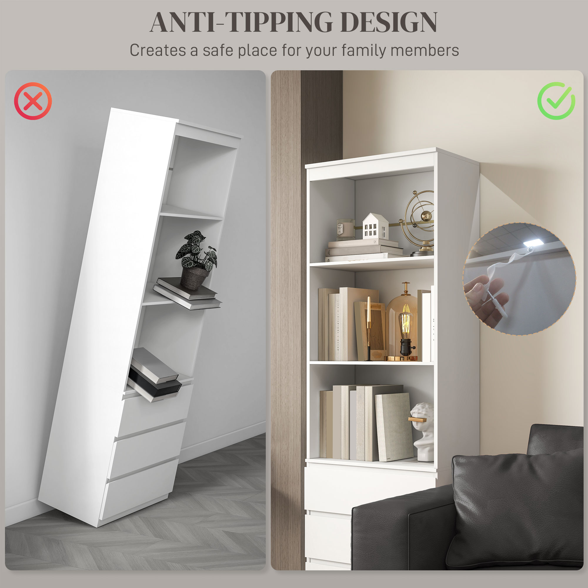 HOMCOM 180cm Tall Bookcase, with Shelves and Drawers White 5