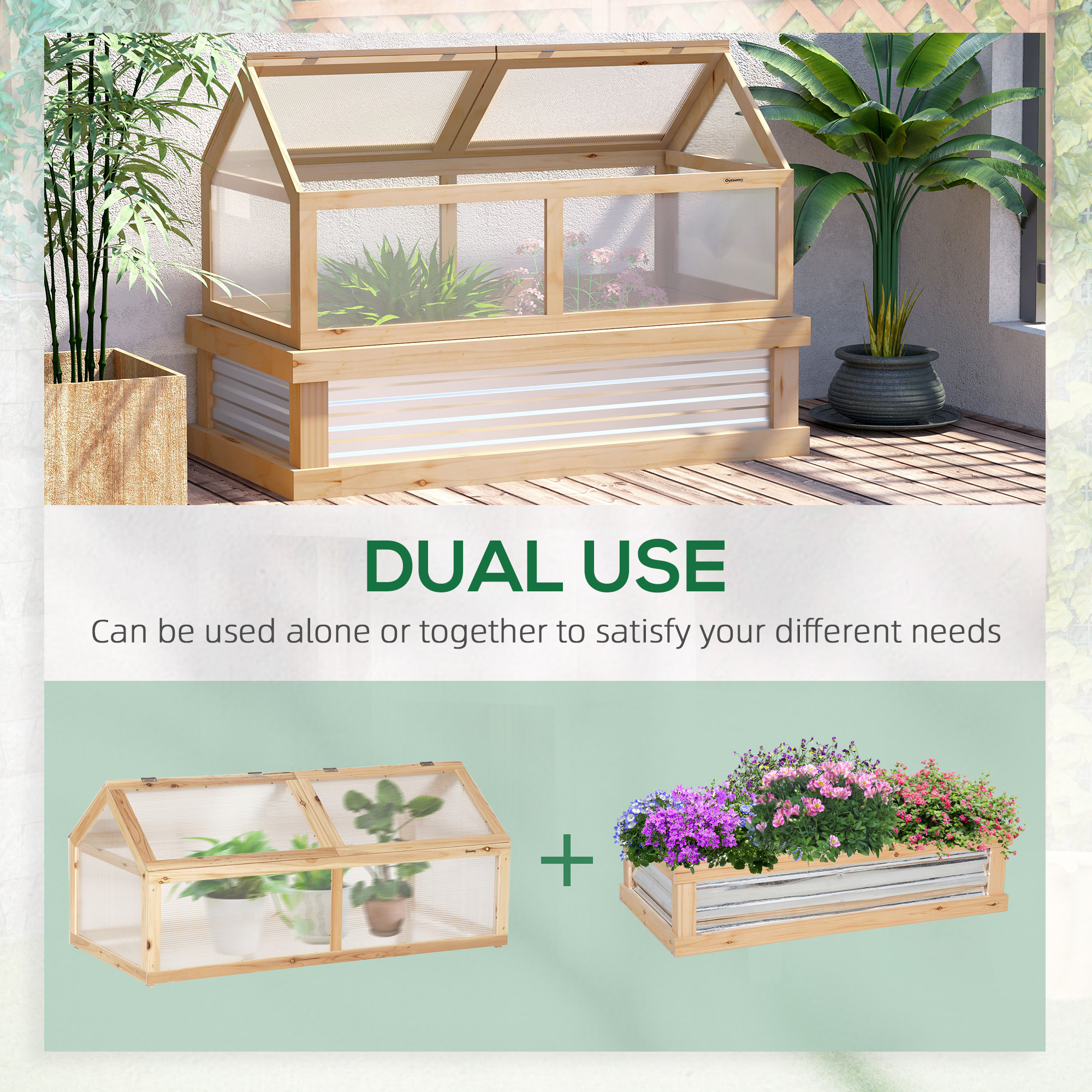 Outsunny Raised Garden Bed with Greenhouse Top, Garden Wooden Cold Frame Greenhouse Flower Planter Protection with 2 Independent Roofs, 122x 61 x 82cm, Natural 4