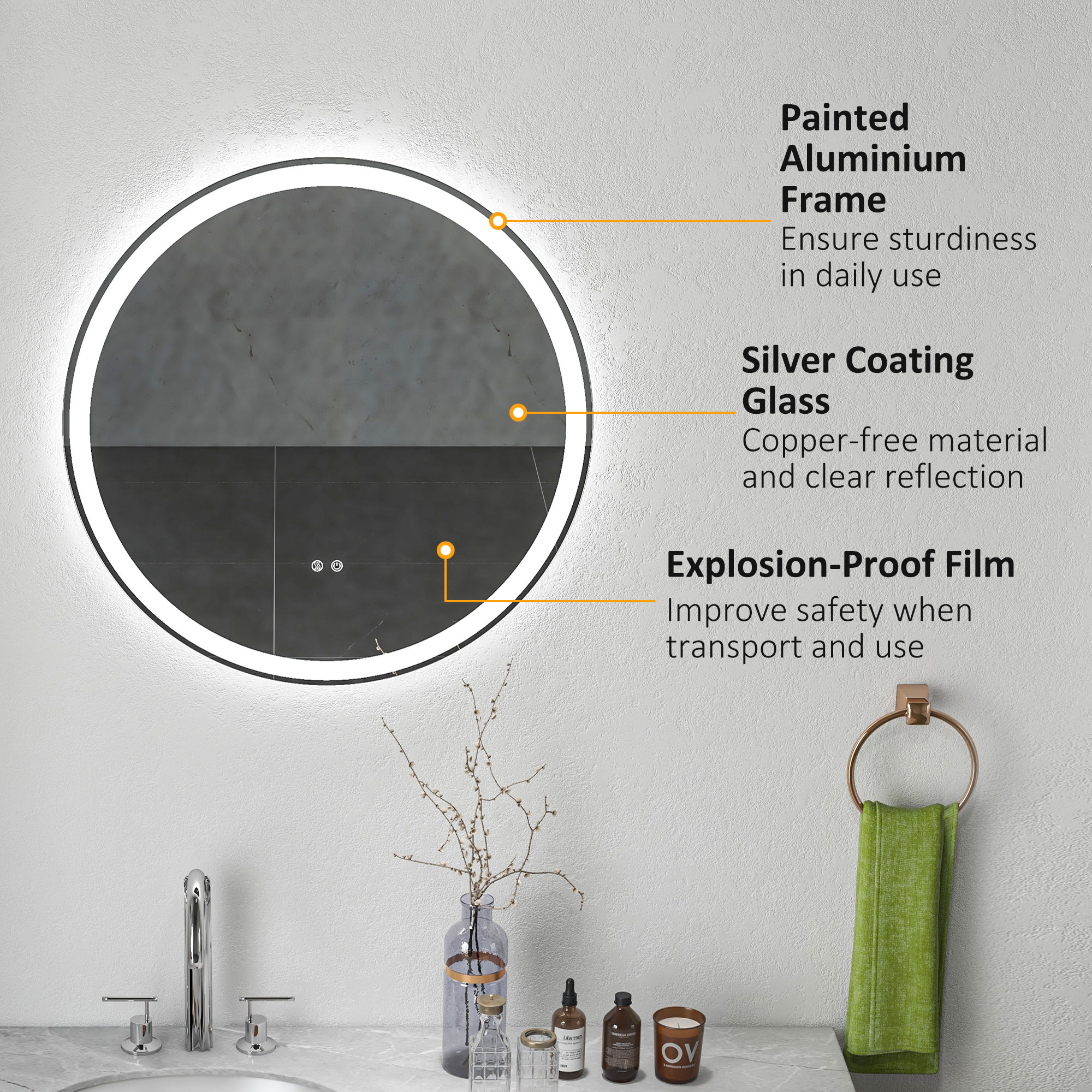 kleankin Round Bathroom Mirror with LED Lights, Wall Mount Dimmable Makeup Mirror with 3 Temperature Colours, Defogging Film and Memory Function, Frameless, Hardwired, 70 x 70 cm 7