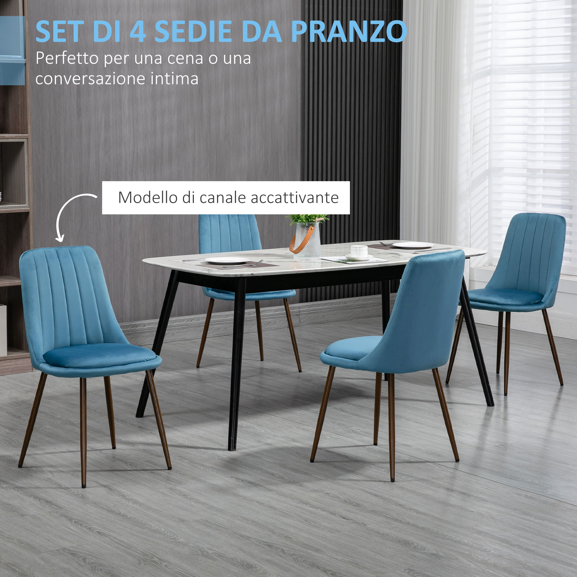 HOMCOM Set Sedie da Cucina Imbottite in Poliestere Acciaio Blu