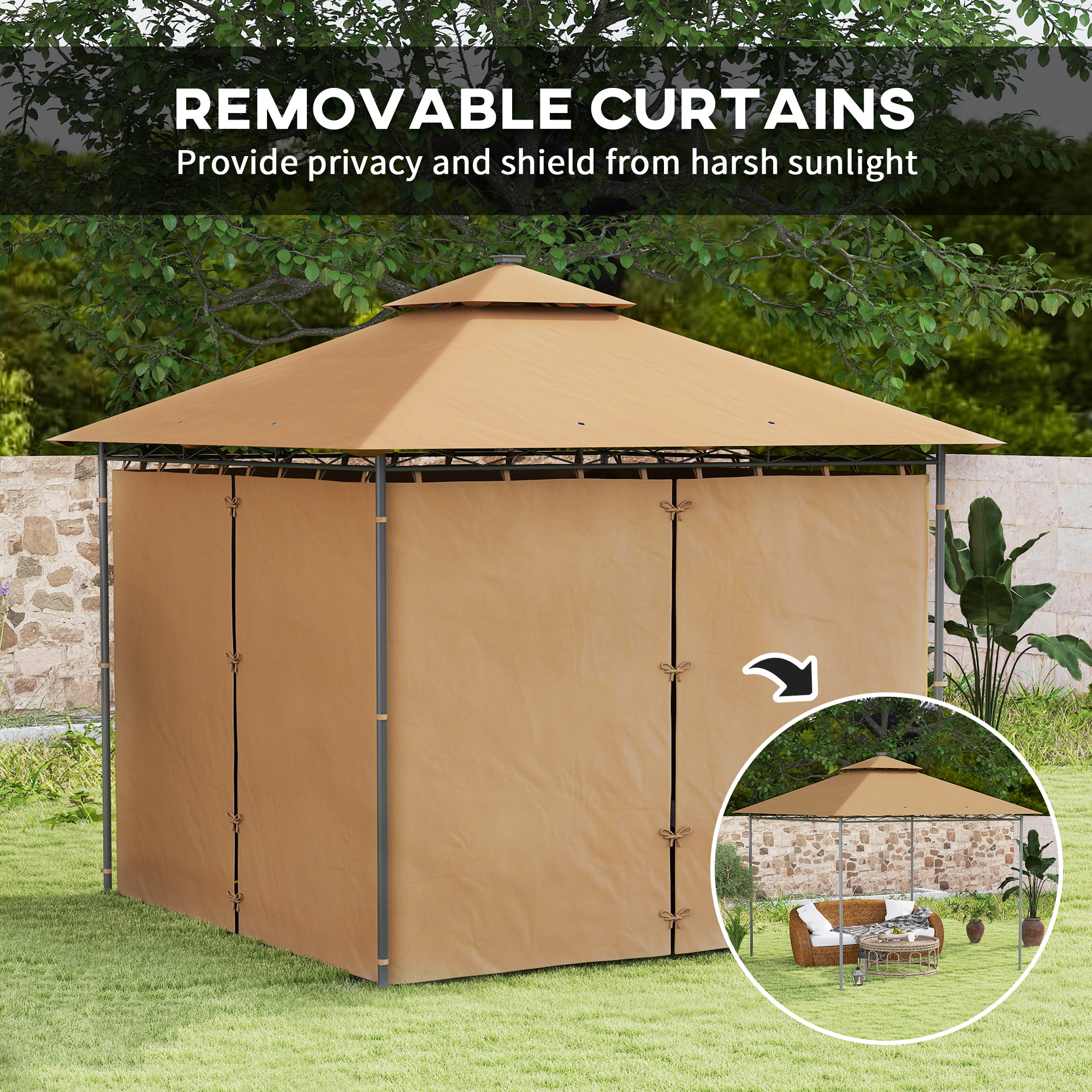 Outsunny 3 x 3 m Solar LED Metal Gazebo Brown 6