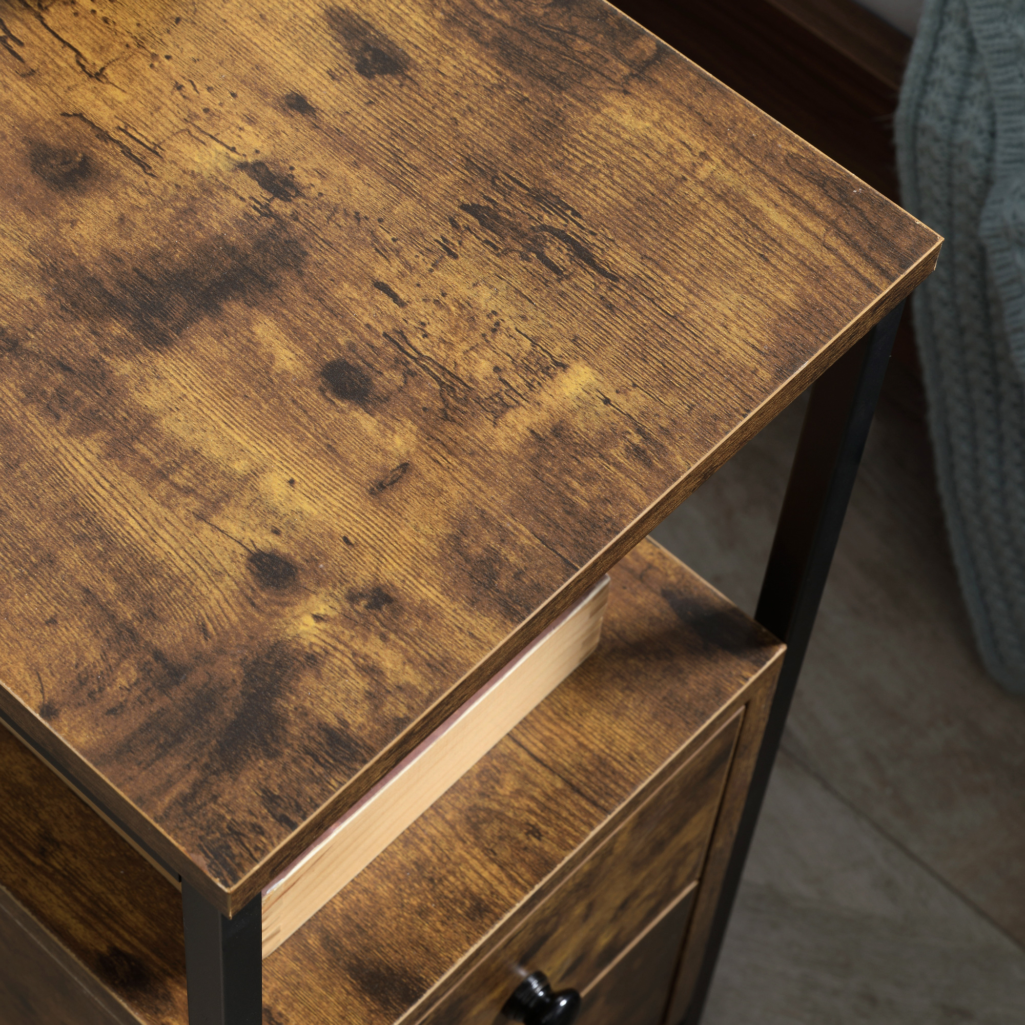 HOMCOM Side Table, Narrow Bedside Table with 2 Drawers and Storage Shelf, Industrial End Table with Metal Frame for Small Spaces, Rustic Brown 9