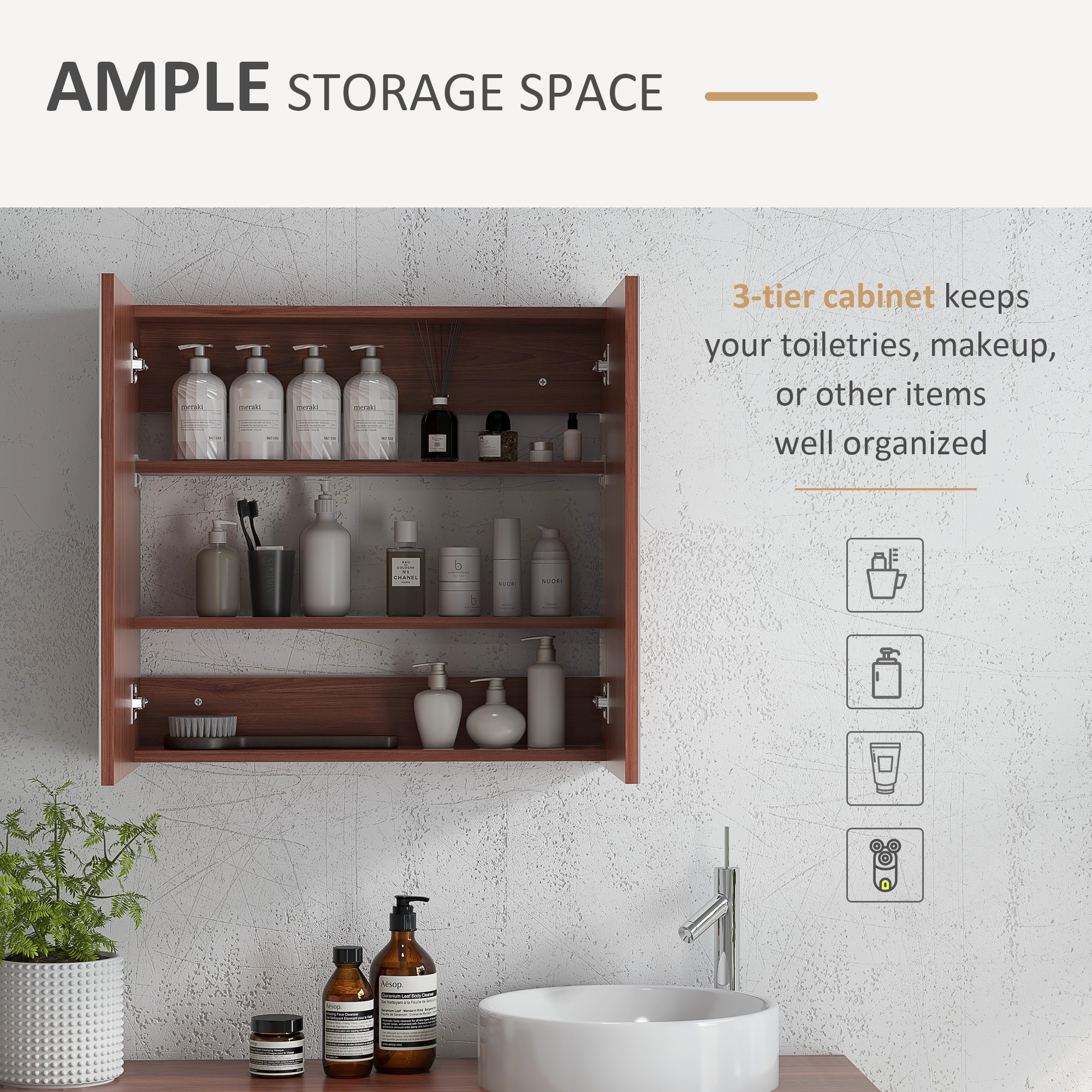 kleankin Double Door Bathroom Mirror Cabinet, Wall Mounted Bathroom Storage Cabinet, Soft Closing, 63L x 60Hcm 4