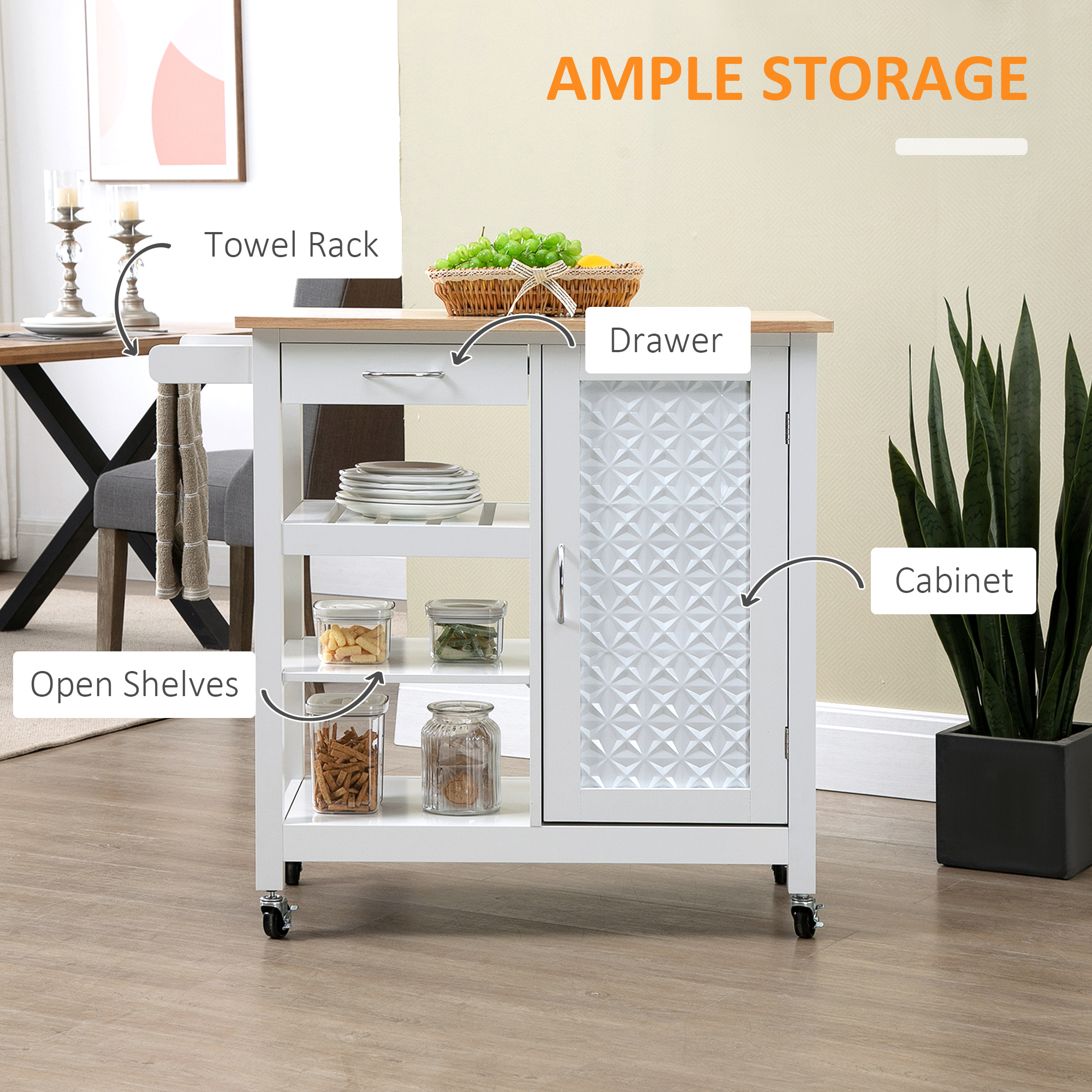 HOMCOM Kitchen Trolley, Kitchen Island on Wheels with Embossed Door Panel, Utility Kitchen Cart with 3 Storage Shelves, White 4