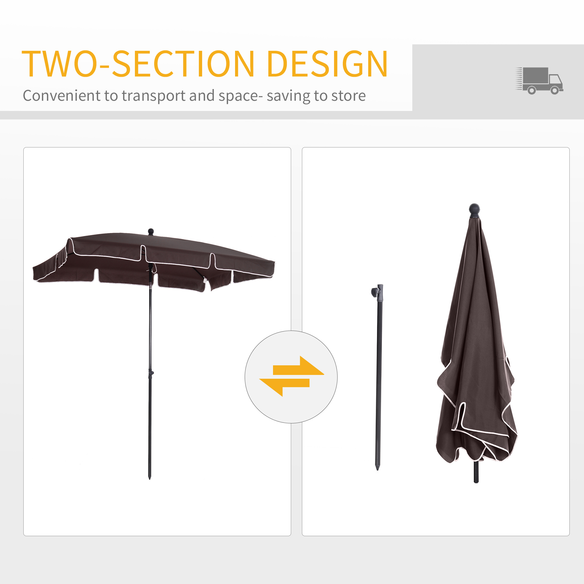 Outsunny Garden Parasol Umbrella, Outdoor Market Table Umbrella with Ruffles & Aluminium Pole, Rectangular Tilting Parasol Sun Shade Canopy, 2 x 1.3m, Brown 5