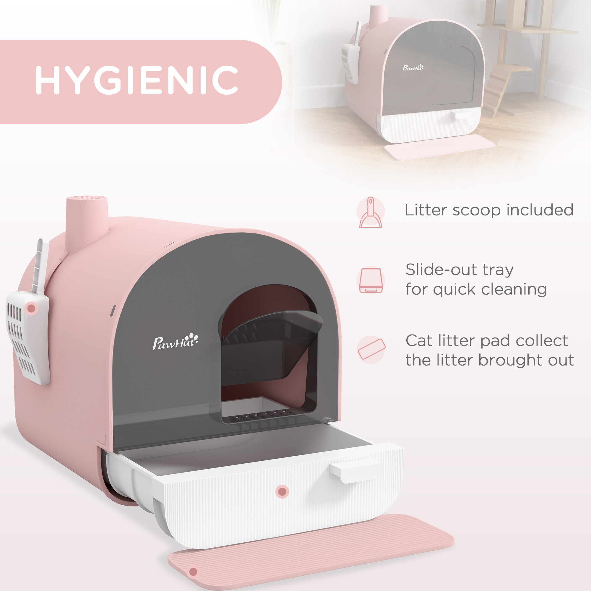 PawHut Hooded Cat Litter Box, Kitten Litter Tray, with Lid, Scoop, Filter, Flap Door, Pink 4