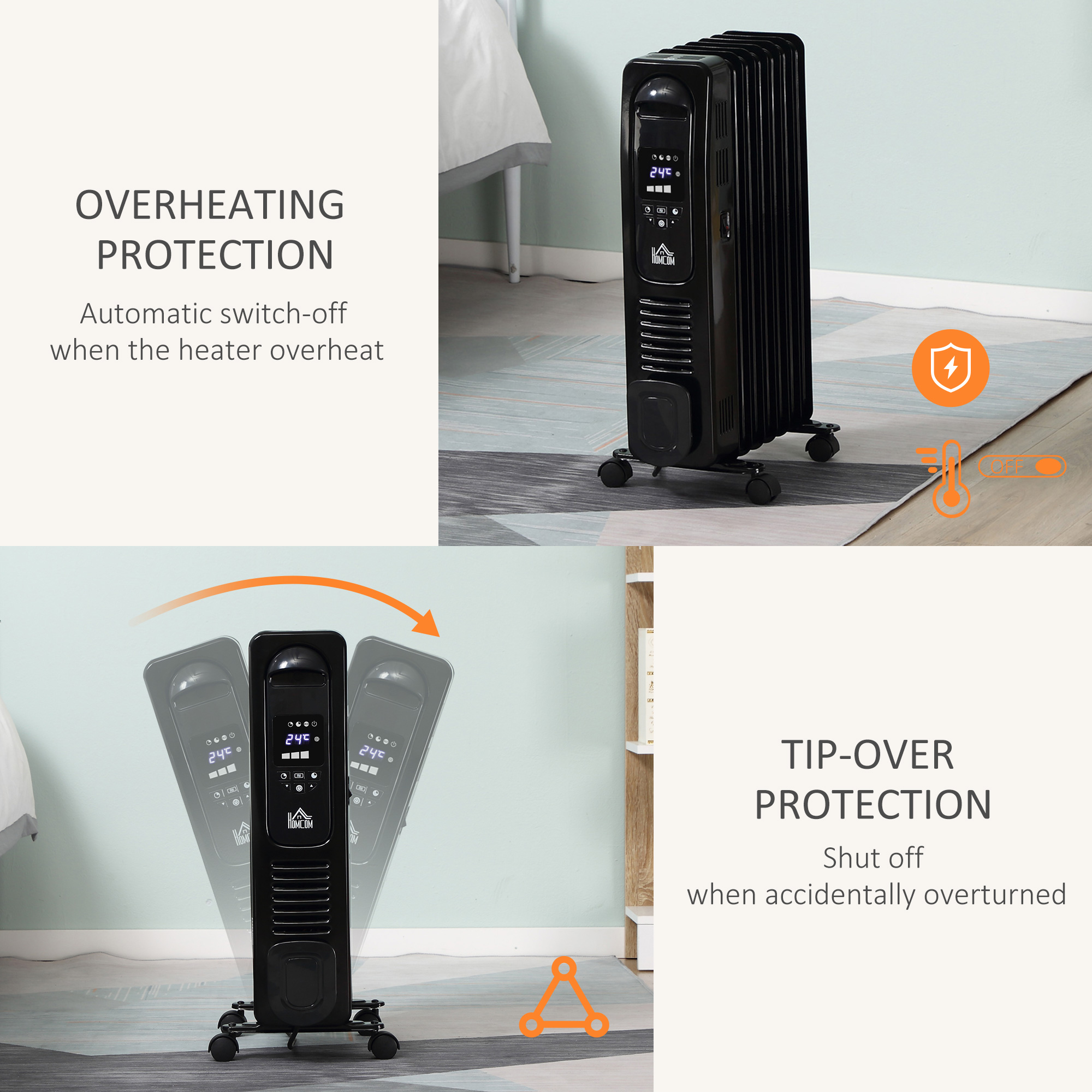 HOMCOM 1500W Digital Oil Filled Radiator, 7 Fin, Portable Electric Heater with LED Display, Built-in Timer, 3 Heat Settings, Safety Cut-Off and Remote Control, Black 4