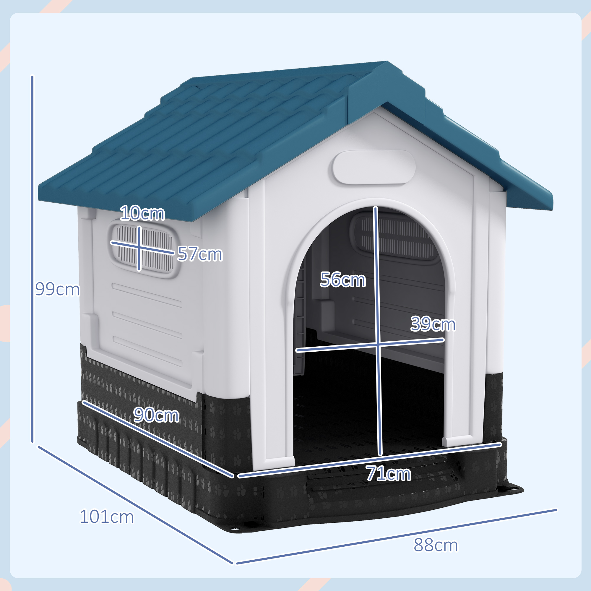 PawHut Plastic Dog Kennel with Windows, for Garden Patio, Medium and Large Dogs, 101 x 88 x 99cm Blue 3