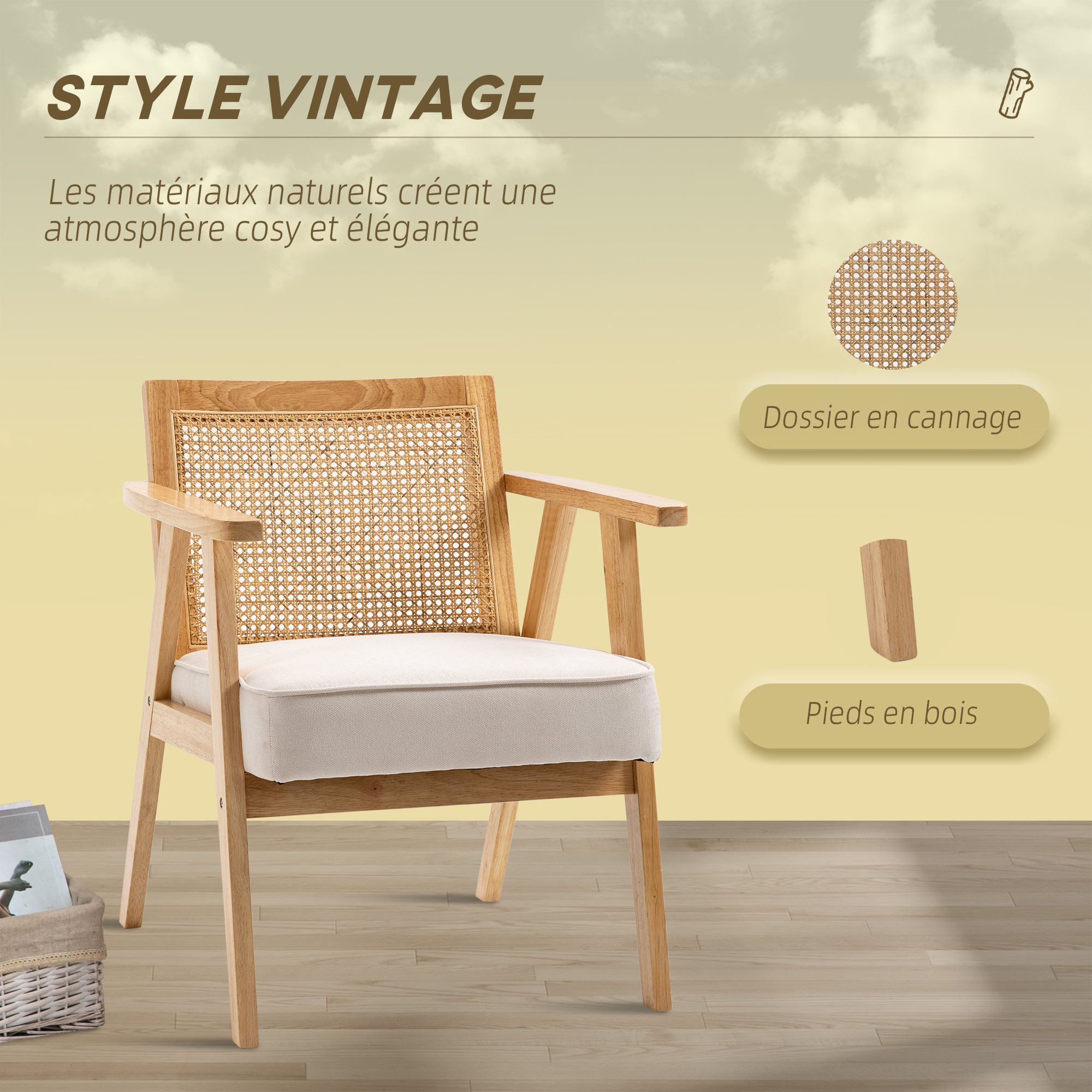 Fauteuil Rotin Élégant HOMCOM – Dossier Cannage, Coussin Lin Beige Épais, Structure Bois Hévéa