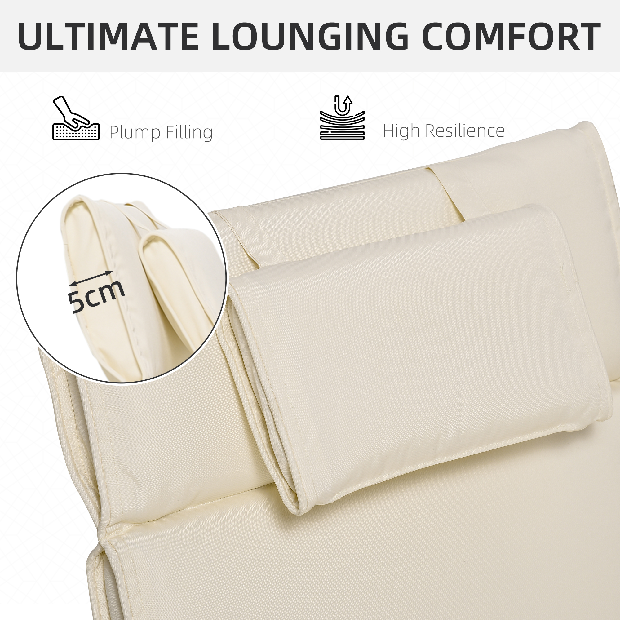 Outsunny Garden Sun Lounger Cushion Replacement Soft Sunbed Reclining Chair Relaxer Pad with Pillow, Cushion ONLY Cream White 4