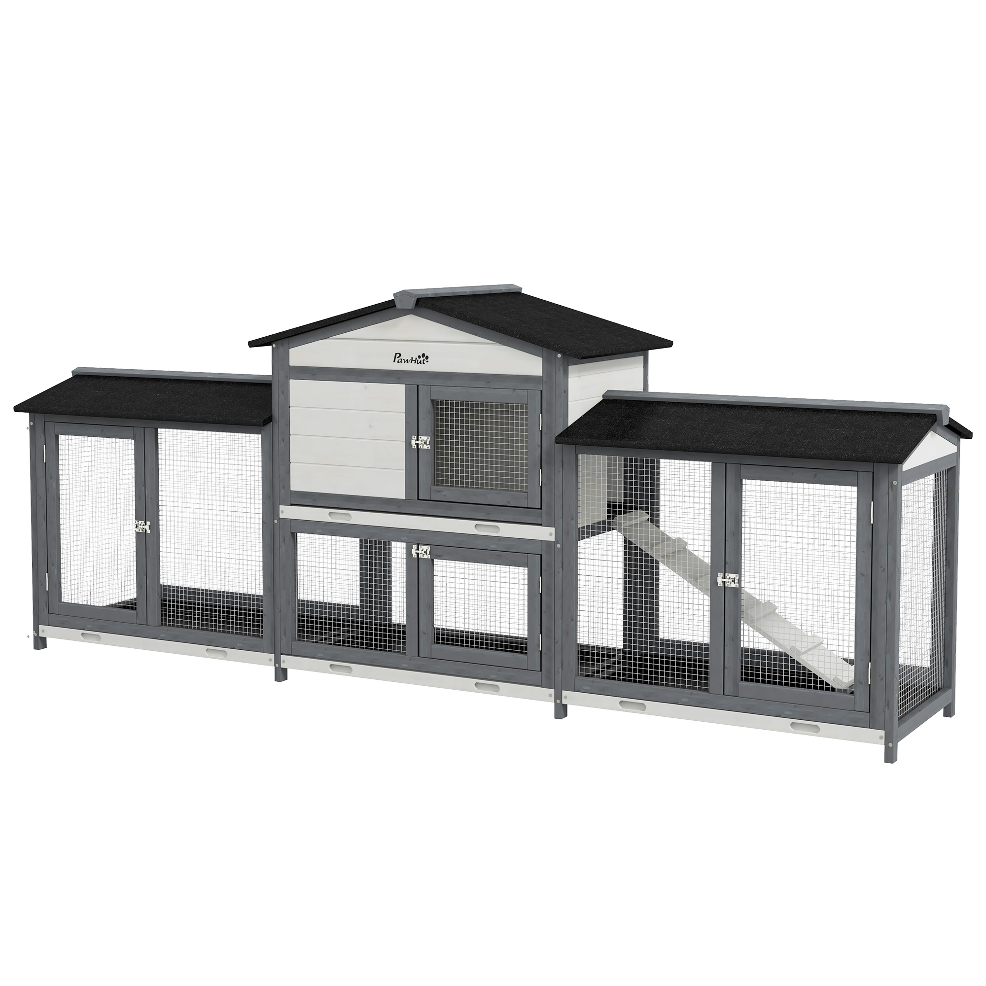 PawHut 2-Tier Large Rabbit Hutch Outdoor with Double Side Run Boxes, No-leak Plastic Tray, Ramp, 230 x 53 x 93.5cm, White
