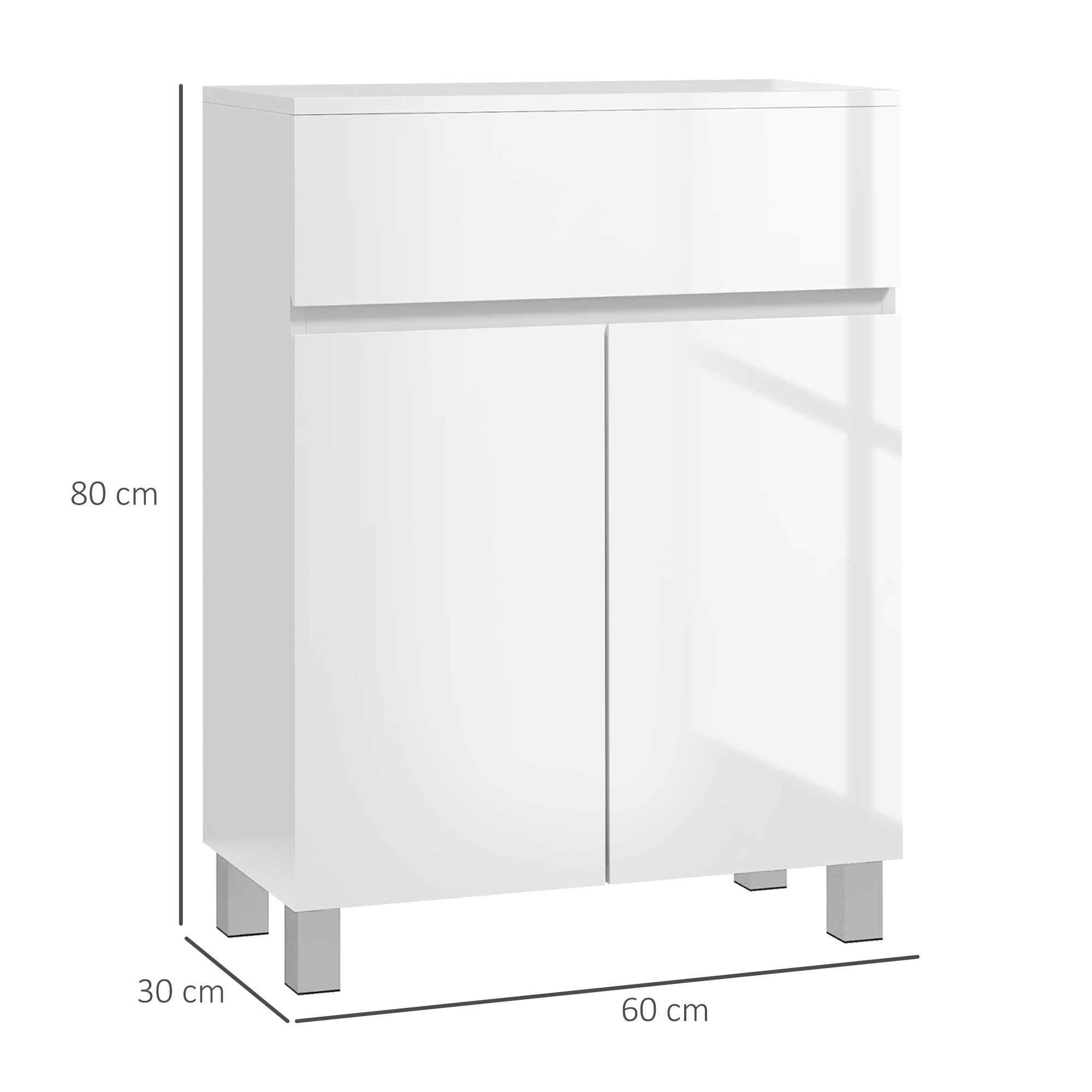 kleankin Freestanding Bathroom Cabinet, High Gloss Storage Cabinet with Doors and Adjustable Shelf, 60 x 30 x 80 cm, White 3
