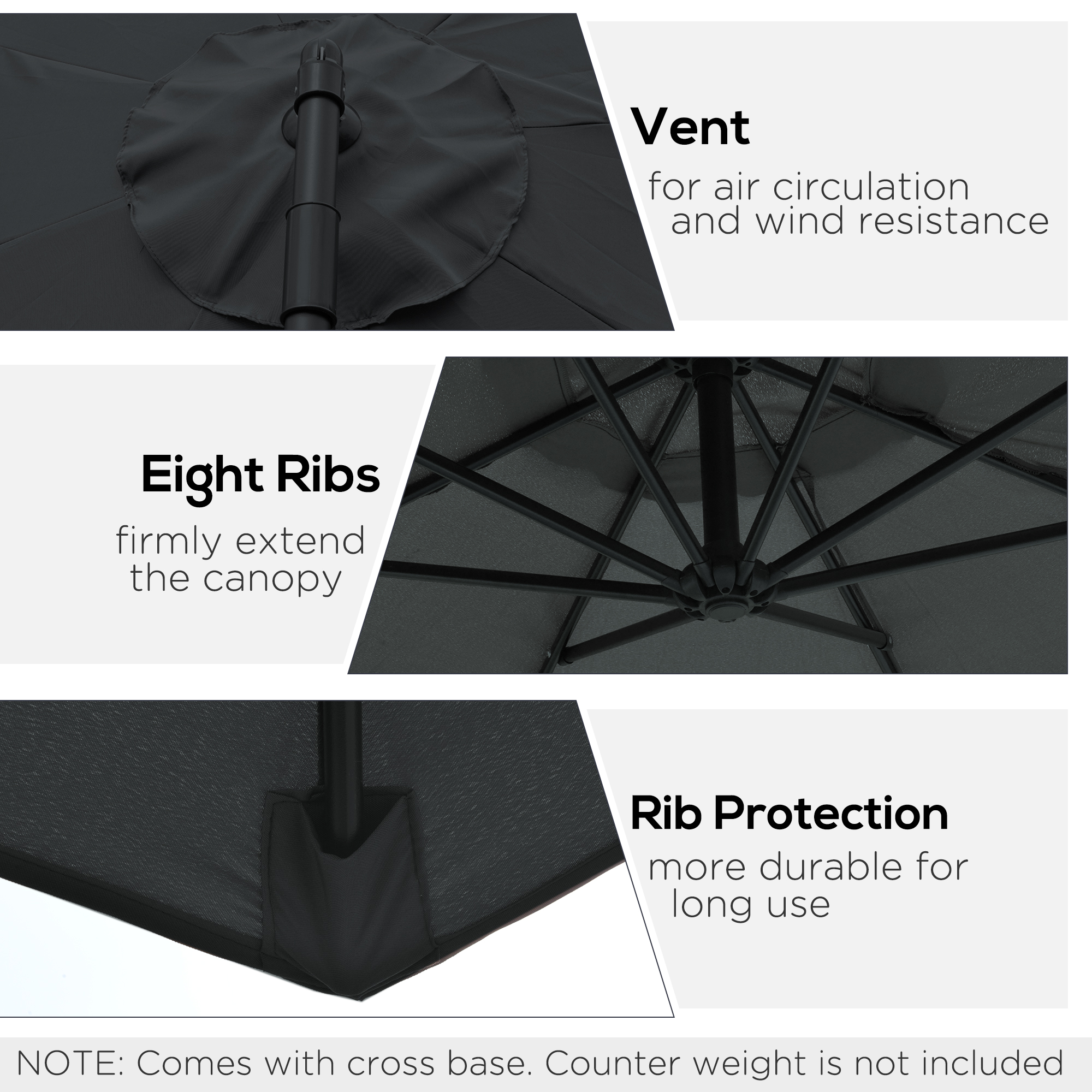Outsunny 2.45m Overhanging Cantilever Parasol, Heavy Duty Waterproof Garden Umbrella with Cross Base, Black 5