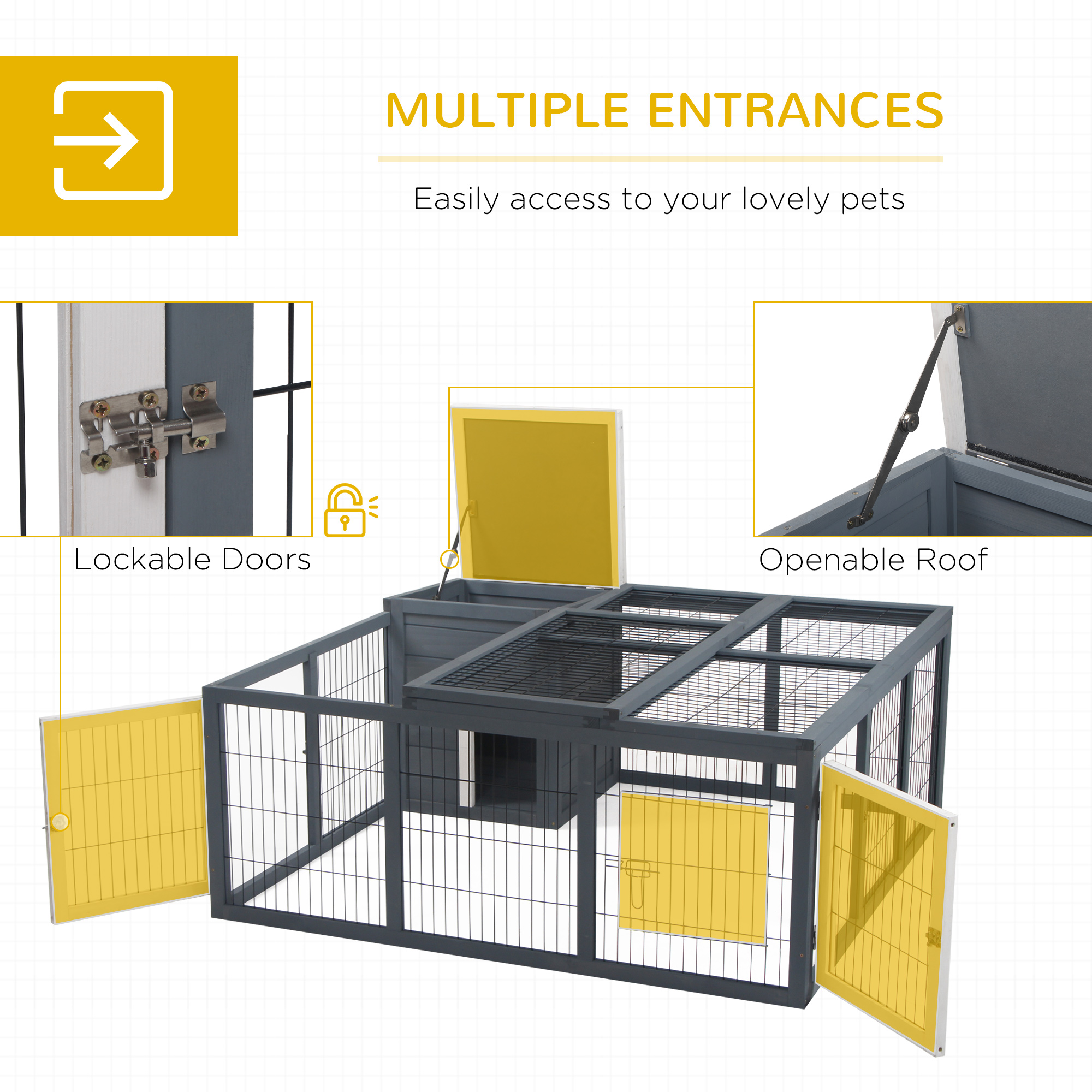 PawHut Rabbit Hutch Outdoor, Guinea Pig House, Bunny Run Cage with Openable Top for 1-2 Rabbits, 123 x 120 x 52cm, Grey 5