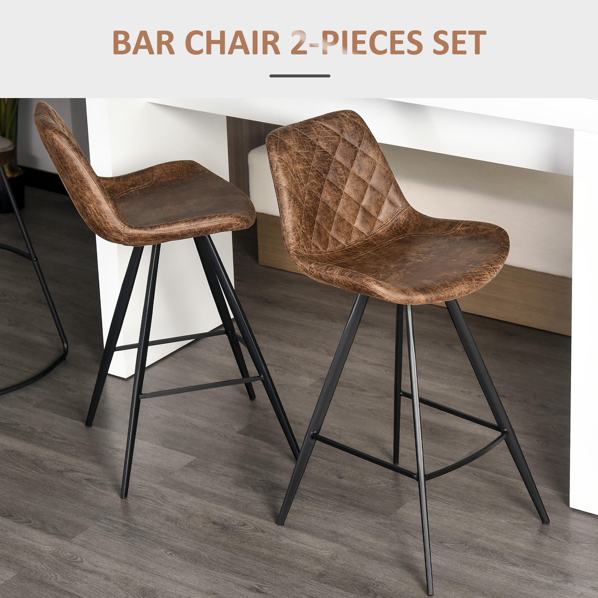 HOMCOM Set Of 2 Bar Stools Vintage Microfiber Cloth Tub Seats Padded Comfortable Steel Frame Footrest Quilted Home Bar Cafe Kitchen Chair Stylish Brown 4