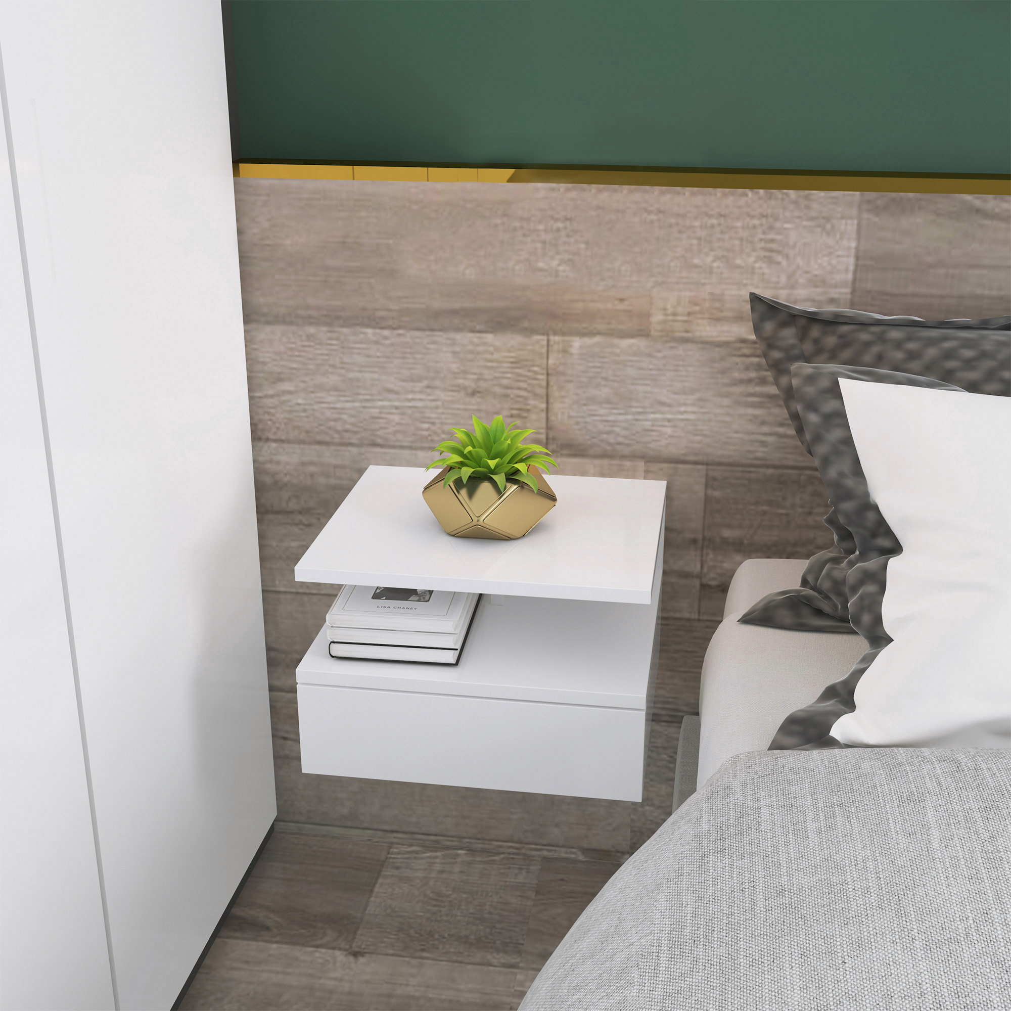 HOMCOM Set of Two Floating Bedside Tables White 9