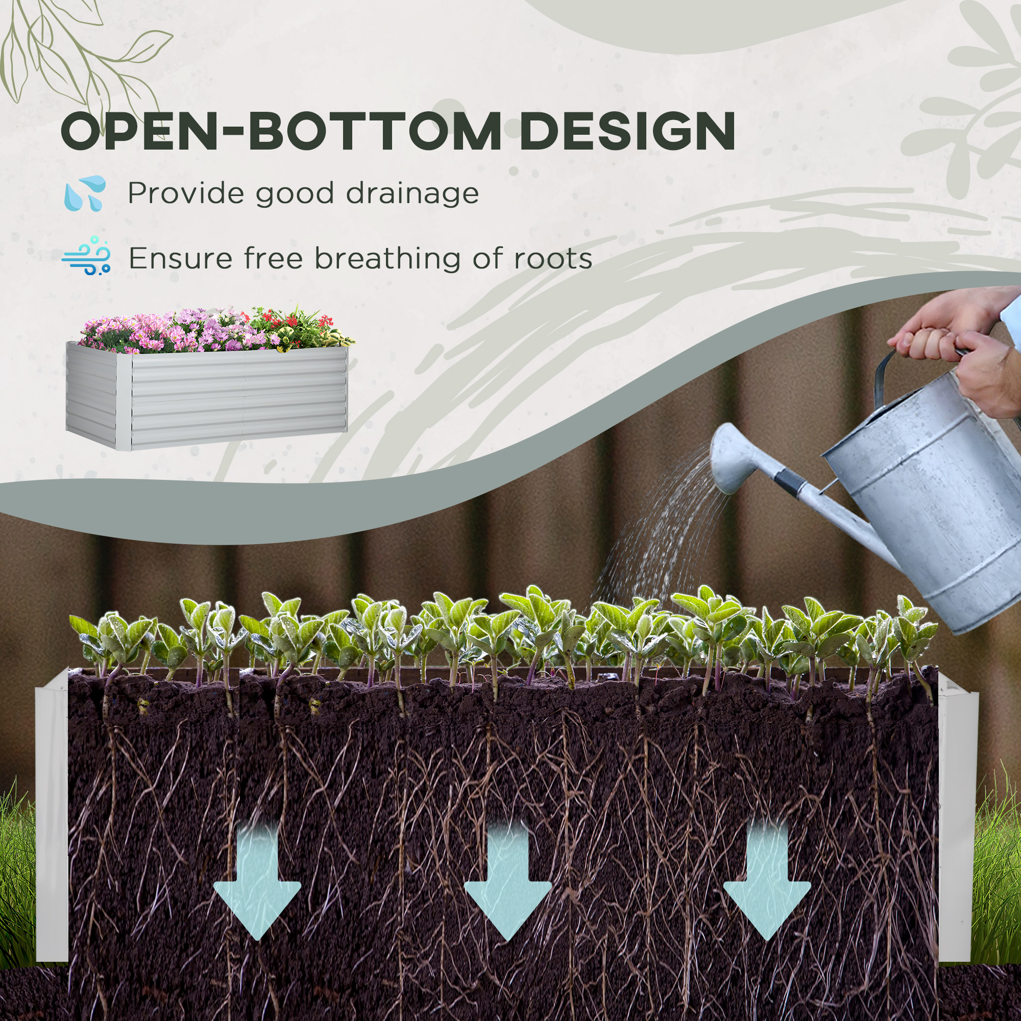 Outsunny Set of 2 Raised Beds for Garden, Galvanised Steel Outdoor Planters with Multi-reinforced Rods for Vegetables, Plants, Flowers and Herbs, 180 x 90 x 59 cm, Light Grey 4