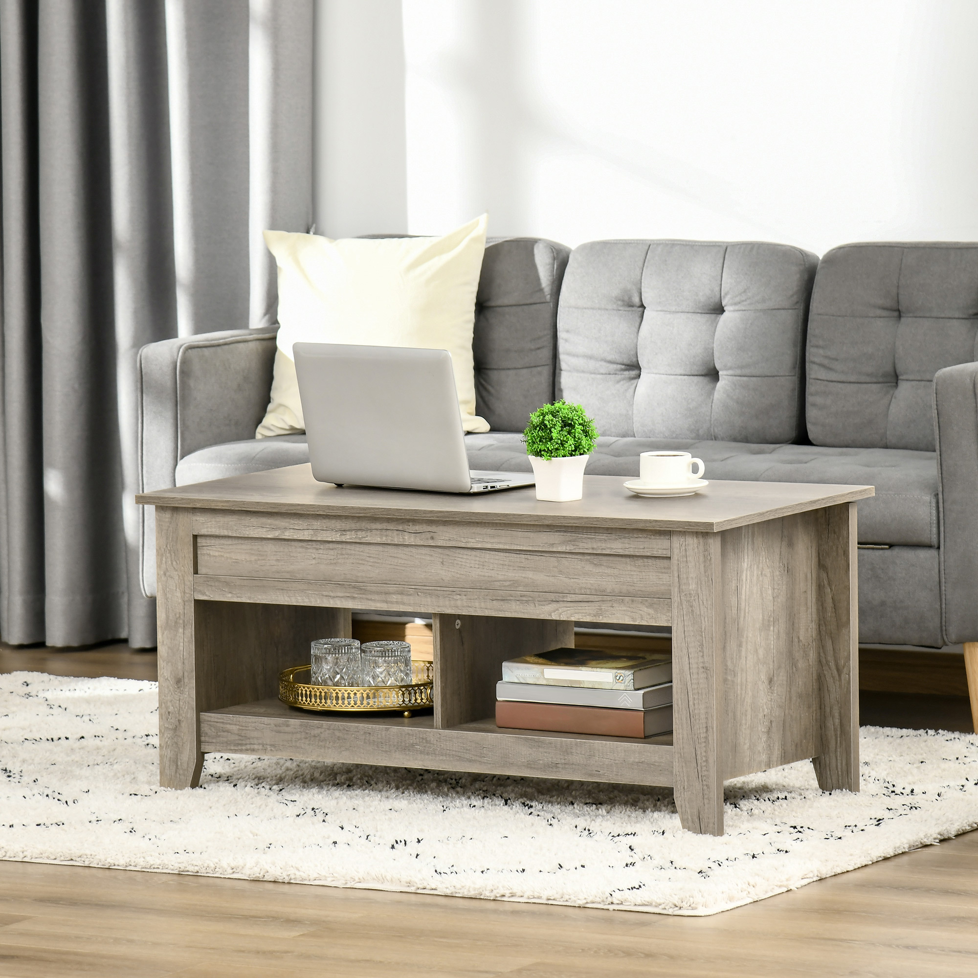 HOMCOM Lift Top Coffee Table w/ Hidden Storage Compartment Open Shelves Lift Tabletop Pop Up Centre Table for Living Room Oak Effect 7
