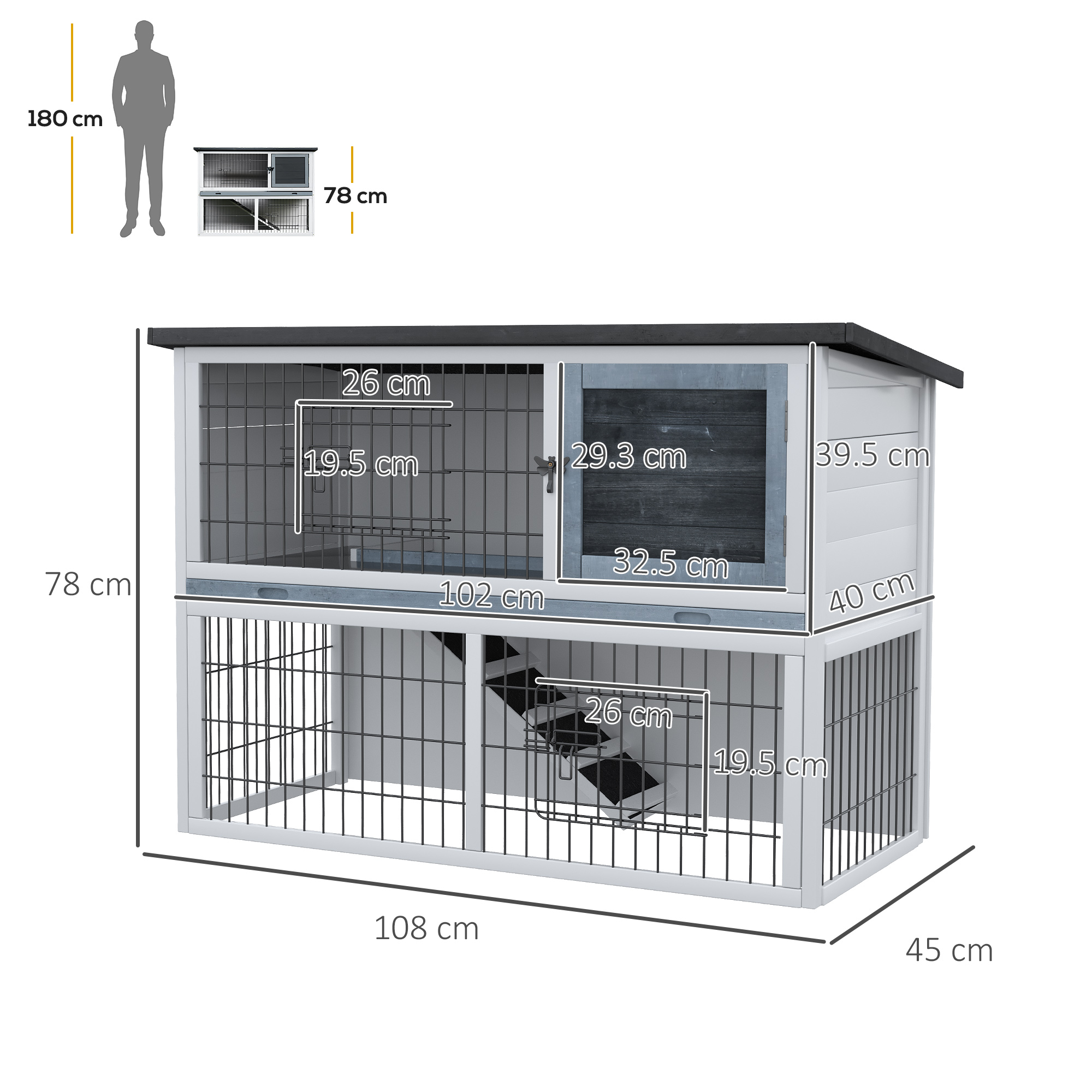 PawHut 2-Tier Wooden Rabbit Hutch Guinea Pig House Bunny Cage Backyard w/ Openable Roof Small Animal House for Outdoor Grey, 108 x 45 x 78 cm 3